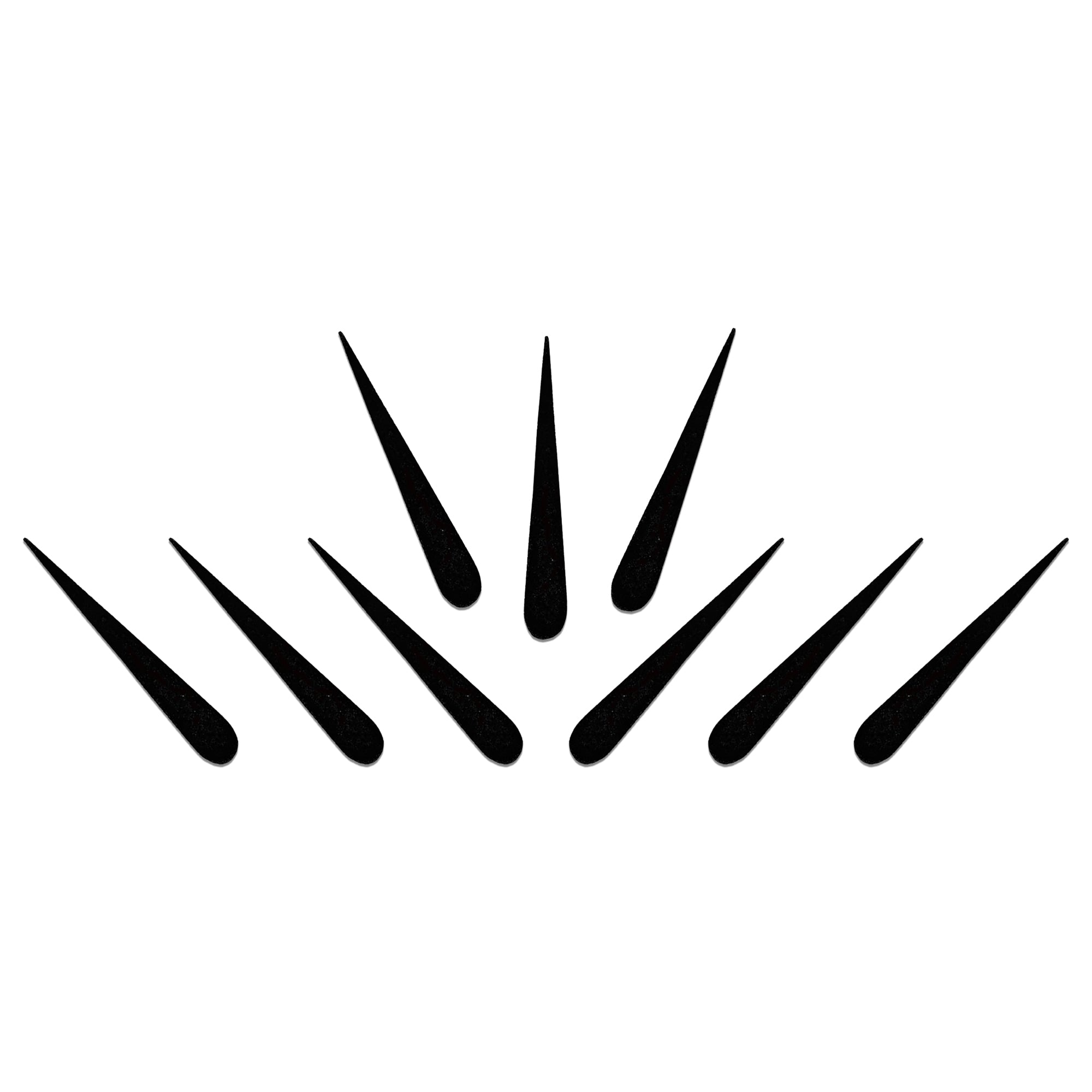 Comet Busters black tilak bindis featuring elongated teardrop shapes in assorted sizes for traditional spiritual, devotional, and ethnic forehead styling.