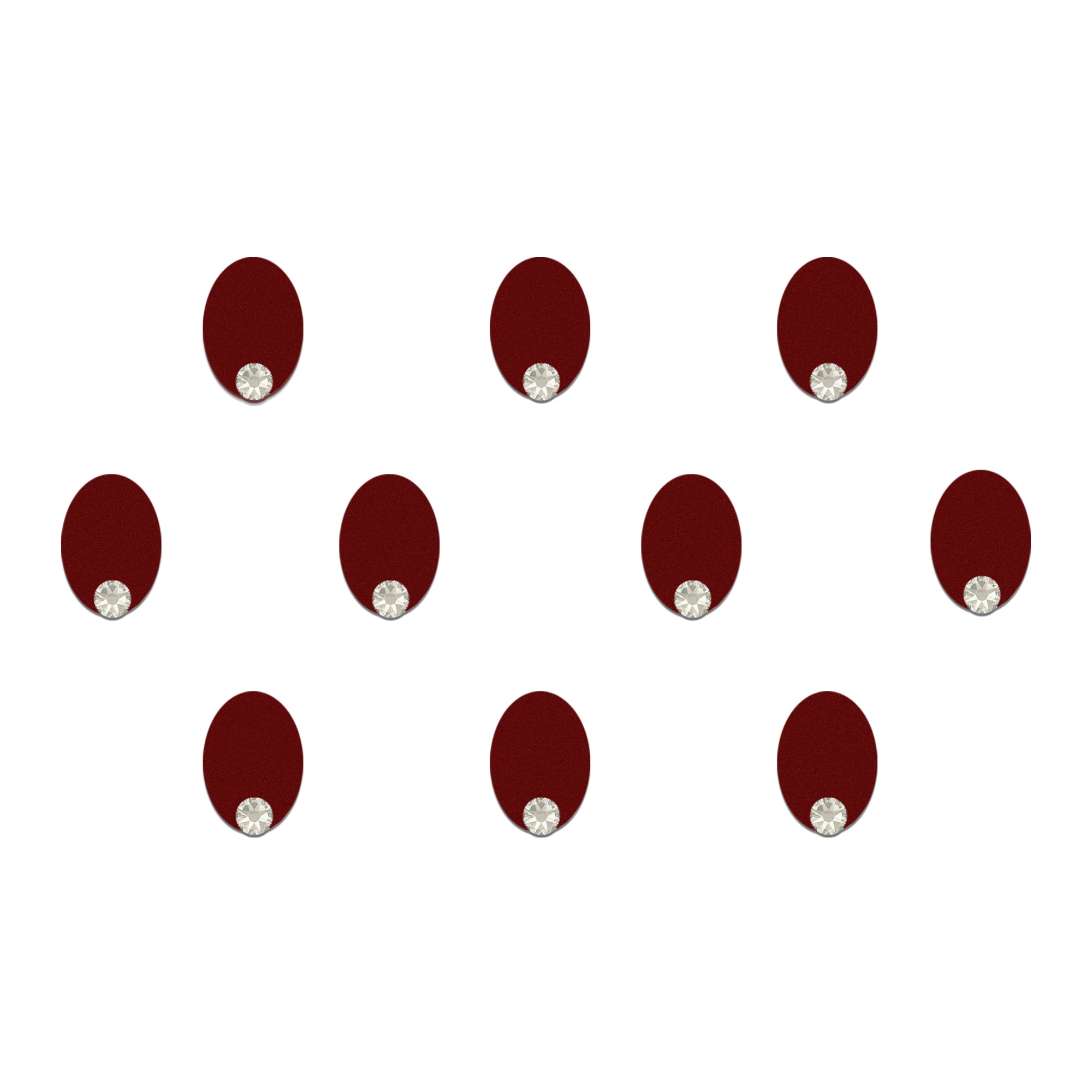 Comet Busters premium maroon oval designer bindis with crystal stone detailing, elegant peel and stick fancy bindis for saree, lehenga, bridal, festive and traditional ethnic fashion looks.