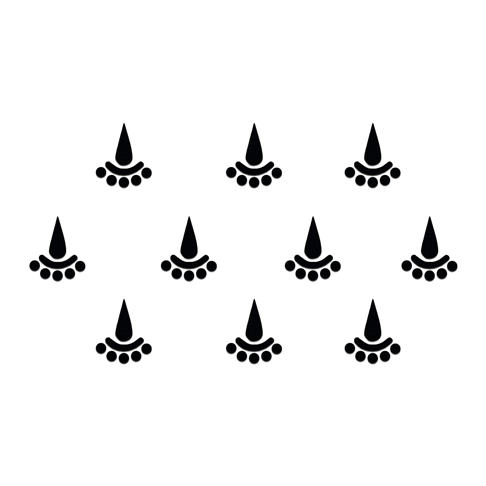 Comet Busters Classic Teardrop Black Designer Bindi featuring a sleek teardrop-shaped center with a curved crescent base and semicircle dot accents. Self-adhesive black bindi for women and girls, perfect for everyday wear, festive occasions, pooja, temple visits, weddings, and traditional Indian ethnic outfits.