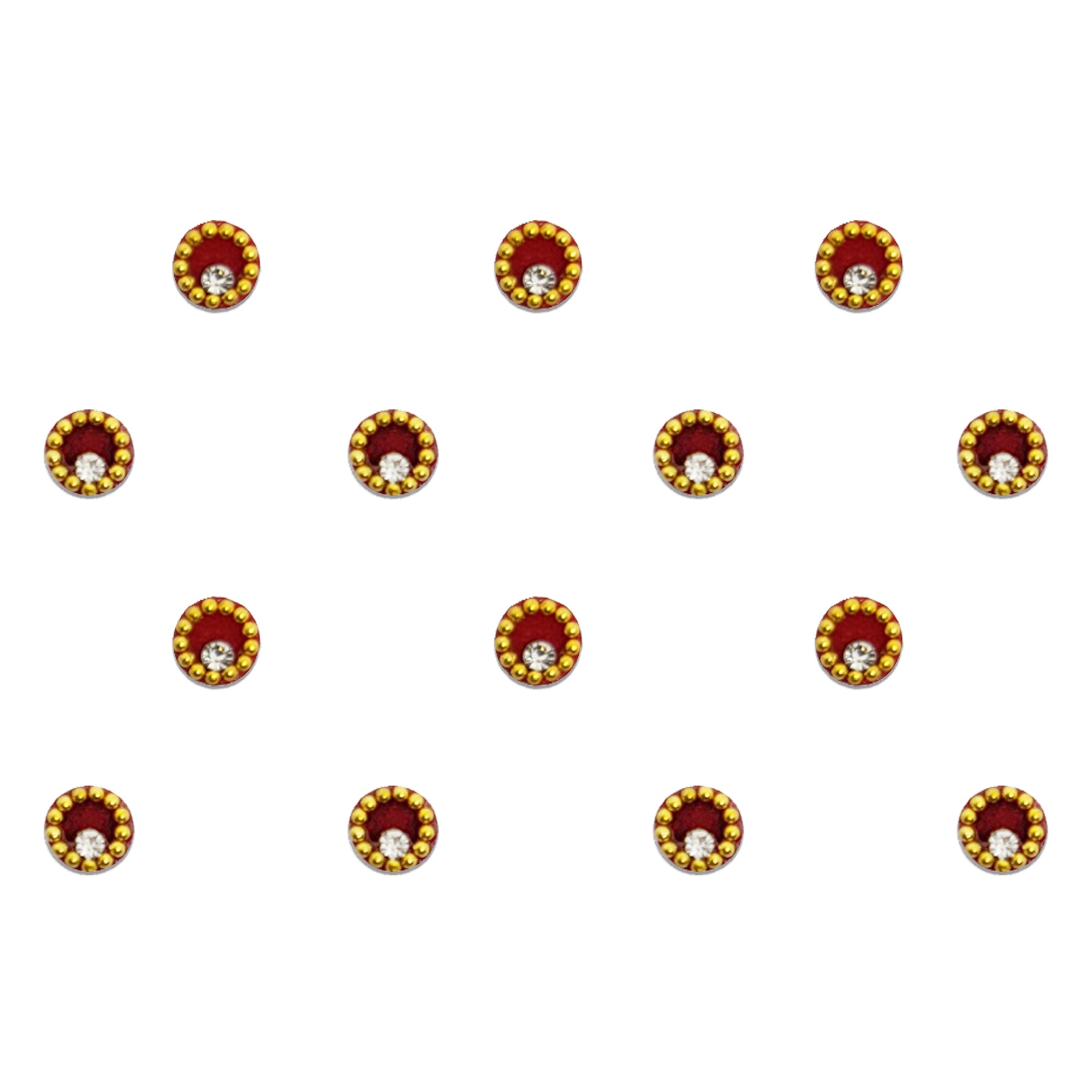 Comet Busters maroon velvet round bindis featuring gold bead detailing with sparkling crystal stone accents, designed for traditional, festive, and ethnic wear for women and girls.