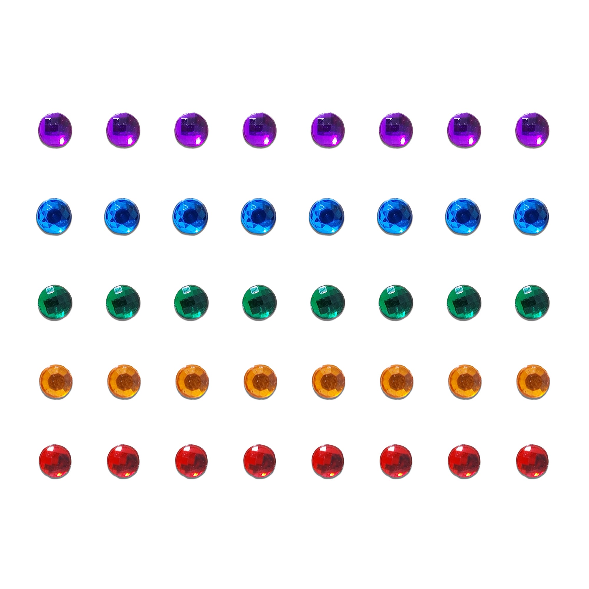 Comet Busters Multicolor Crystal Drop Bindis featuring elegant vertical arrangements of sparkling round rhinestones in blue, green, orange, maroon, pink, red, purple, white, and emerald shades. Reusable designer stone bindis for women and girls, perfect for weddings, festivals, parties, 