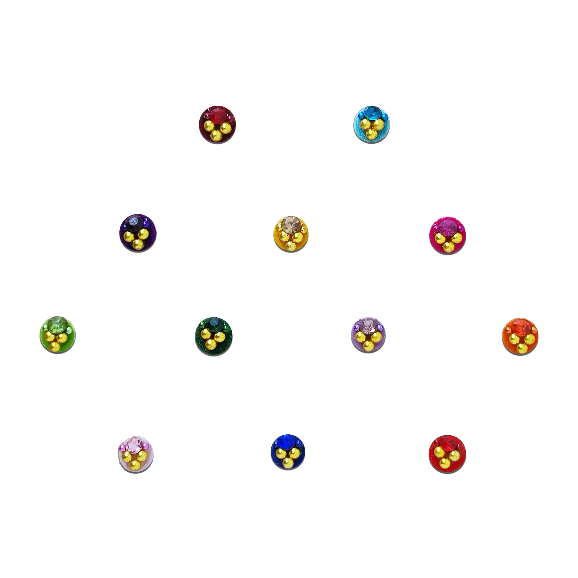 Comet Busters Round crystal designer bindi with a small dangling stone accent, available in multiple vibrant colors.