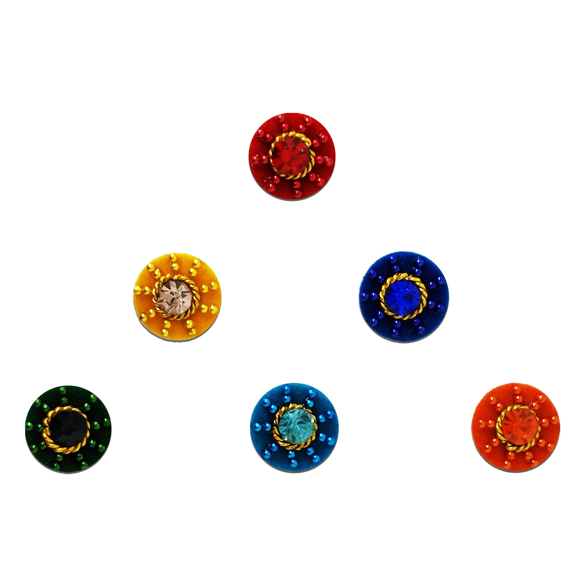 Comet Busters Round floral designer bindi with a central crystal stone and decorative bead accents, available in multiple vibrant colors.