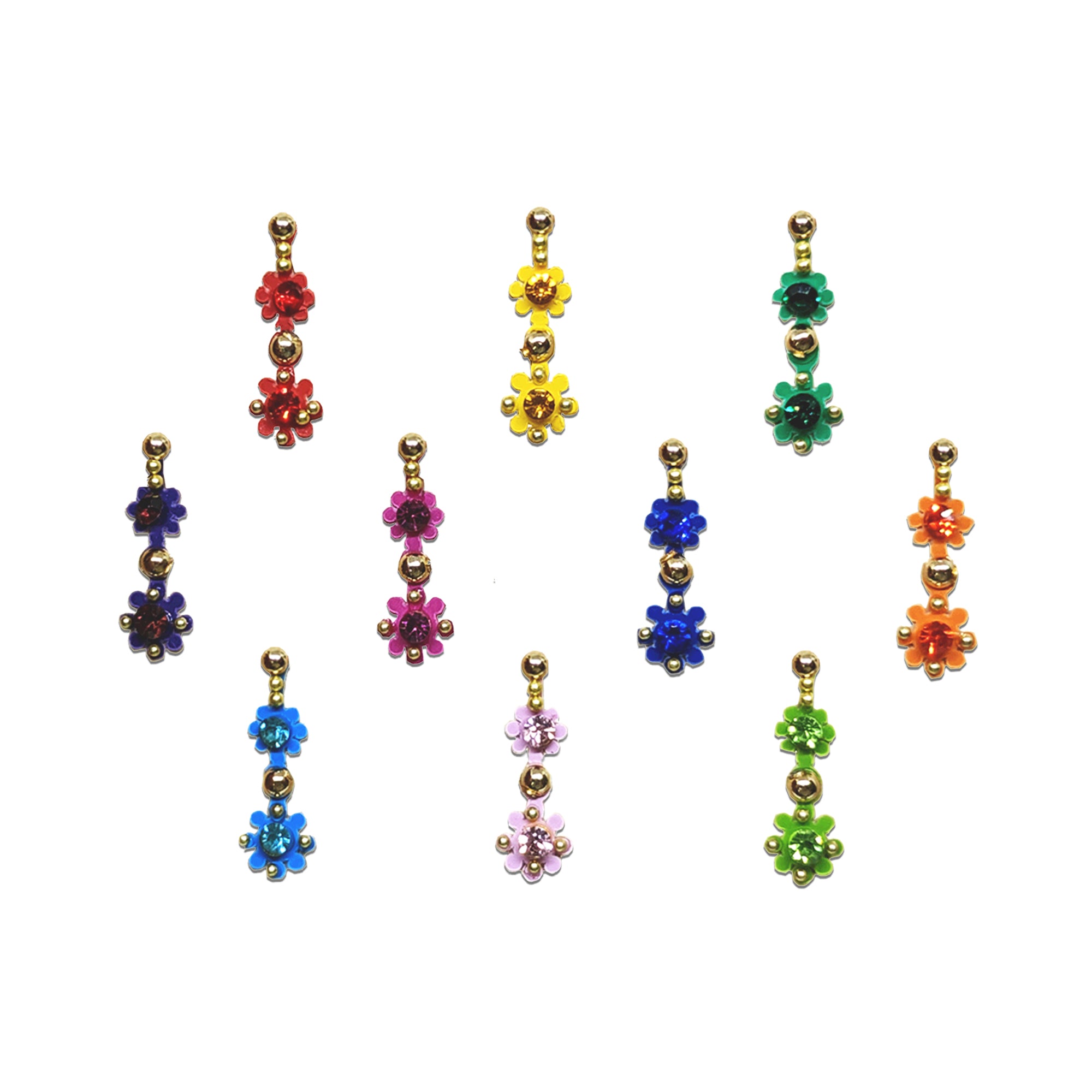 Comet Busters colorful flower stone bindis with crystal accents and gold-tone detailing