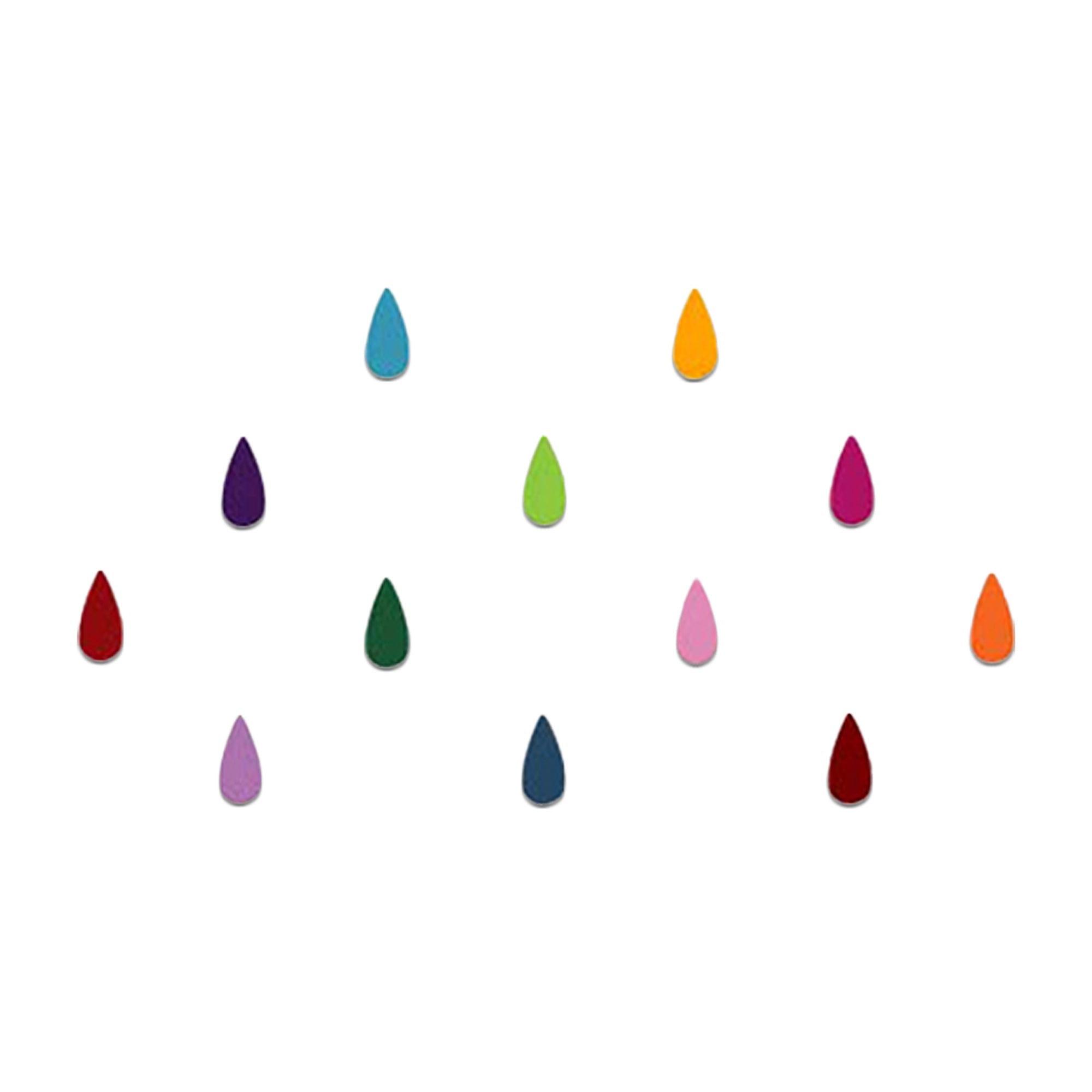 Multicolor teardrop-shaped velvet bindis by Comet Busters featuring assorted vibrant colors including red, pink, purple, blue, green, orange, and yellow. Reusable self-adhesive designer bindis for women and girls suitable for daily wear, festive occasions, and traditional outfits.