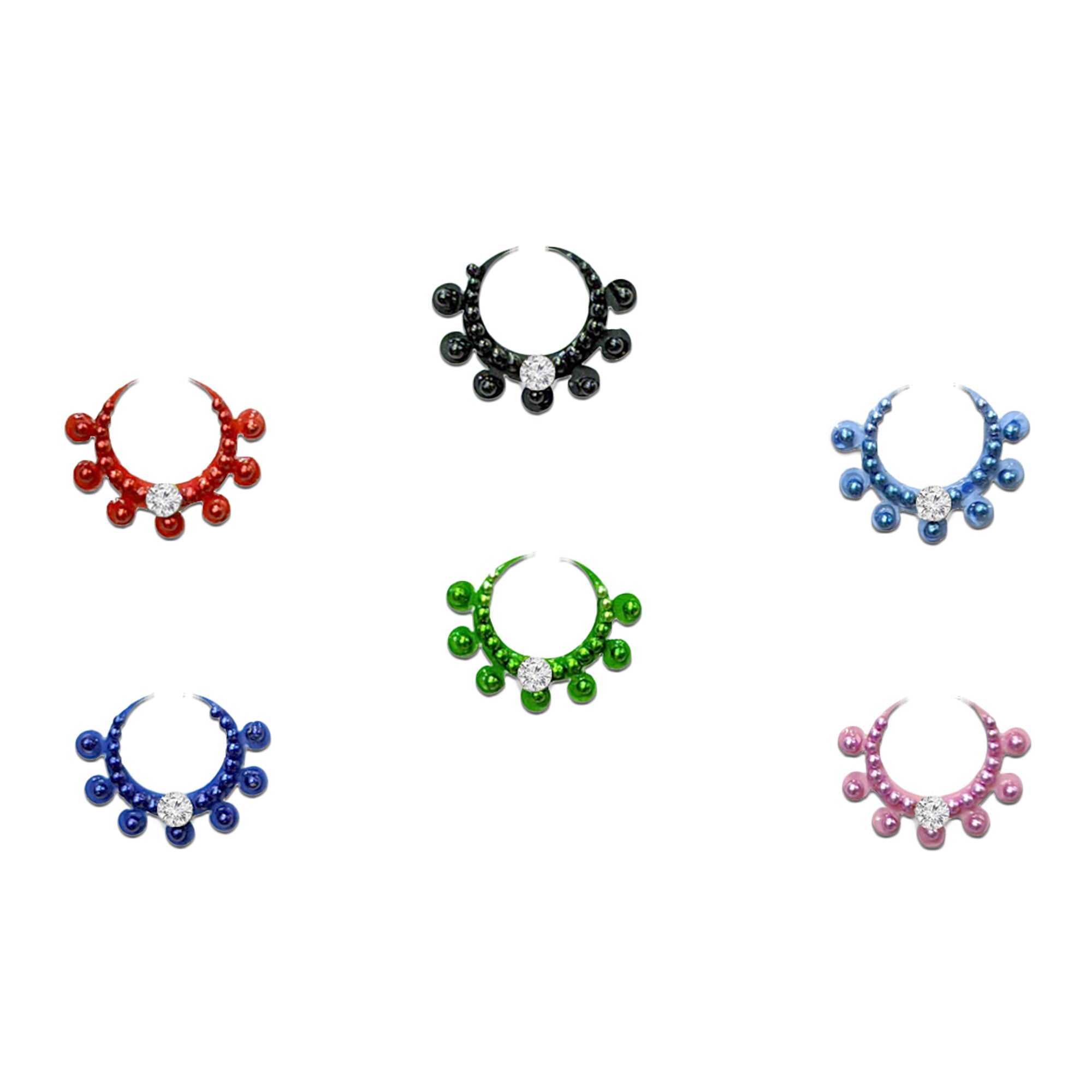 Comet Busters Crescent moon designer bindi with bead detailing and a central crystal stone, available in multiple colors.