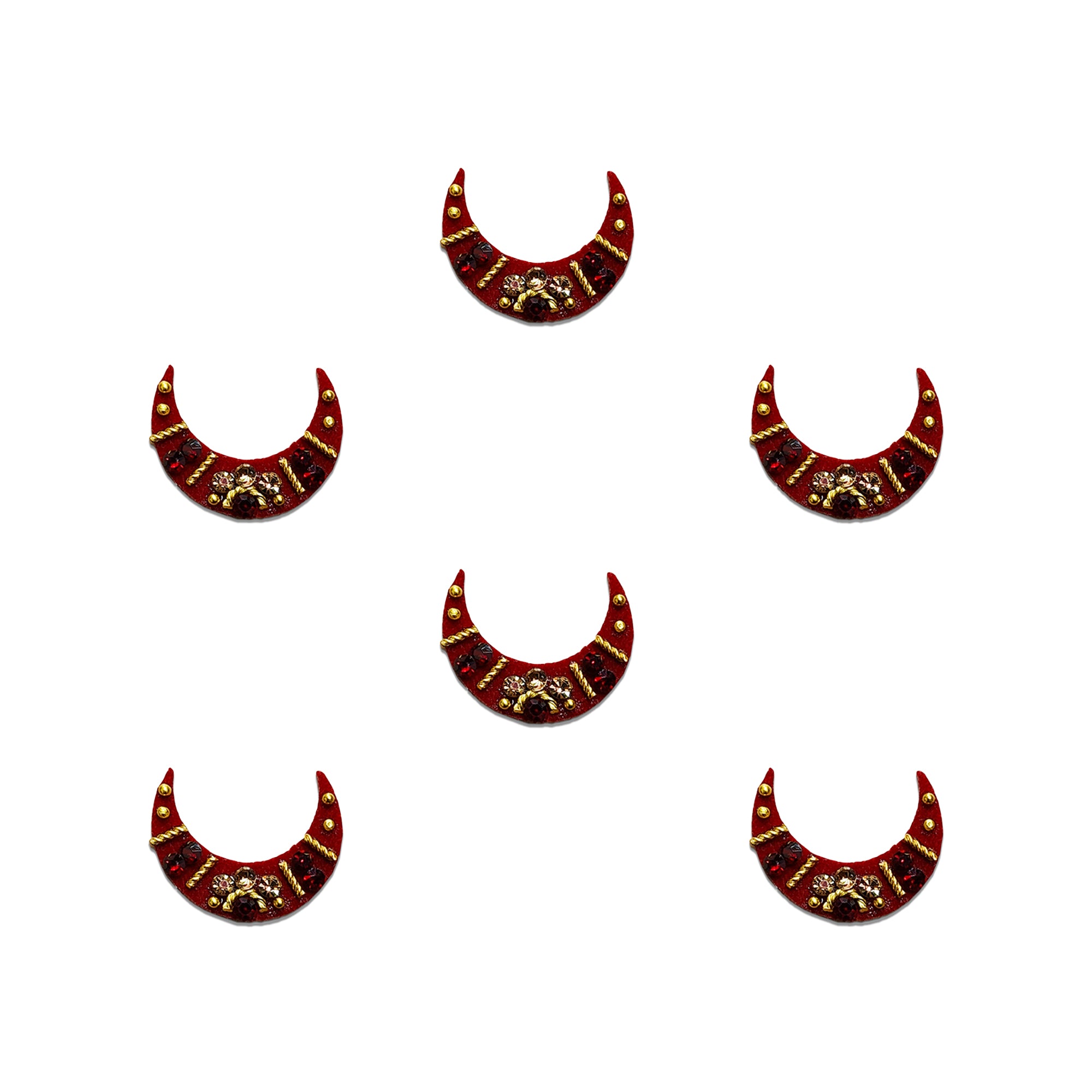 10mm crescent moon shaped velvet bindis in deep red color featuring ruby stones, golden bead detailing, rhinestone embellishments, and traditional festive design.