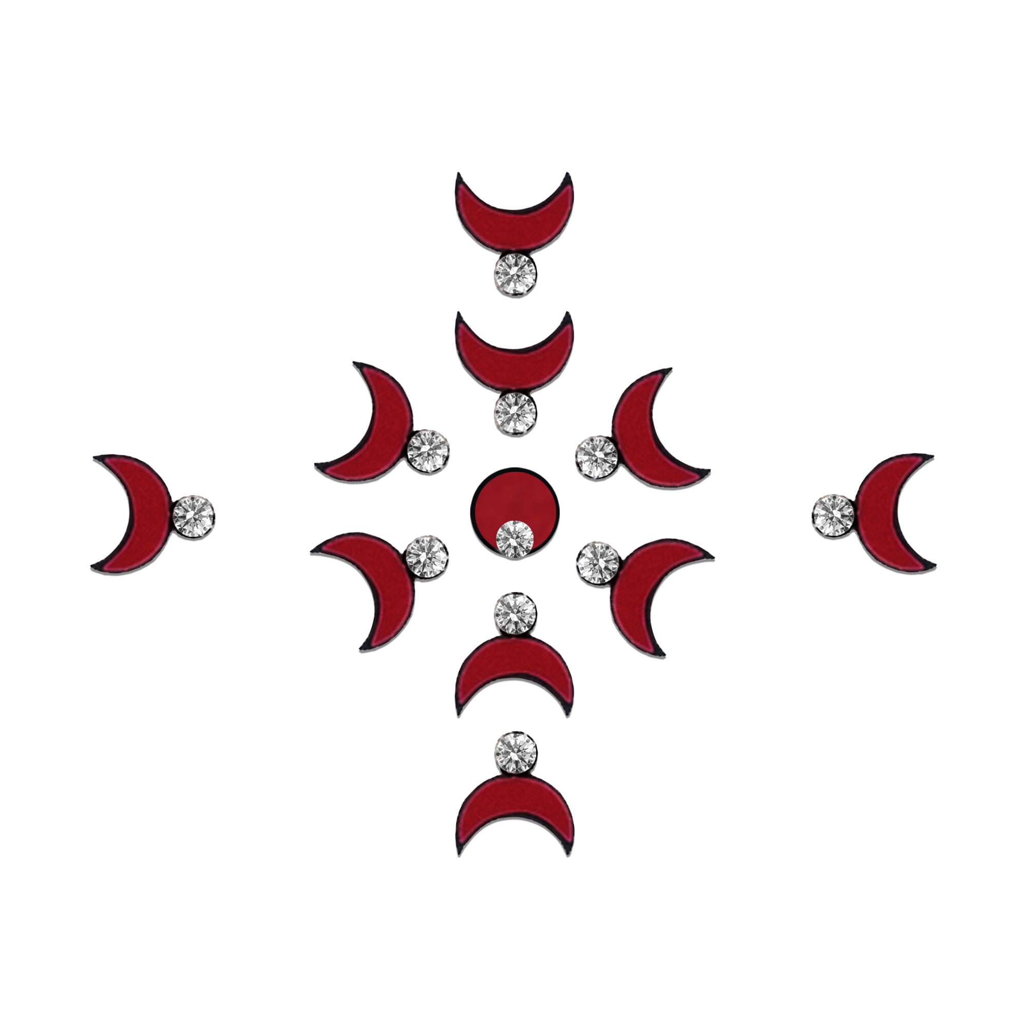 Comet Busters scarlet red crescent moon bindis featuring sparkling white stone accents and a central round bindi, designed for festive, ethnic, and traditional forehead styling.