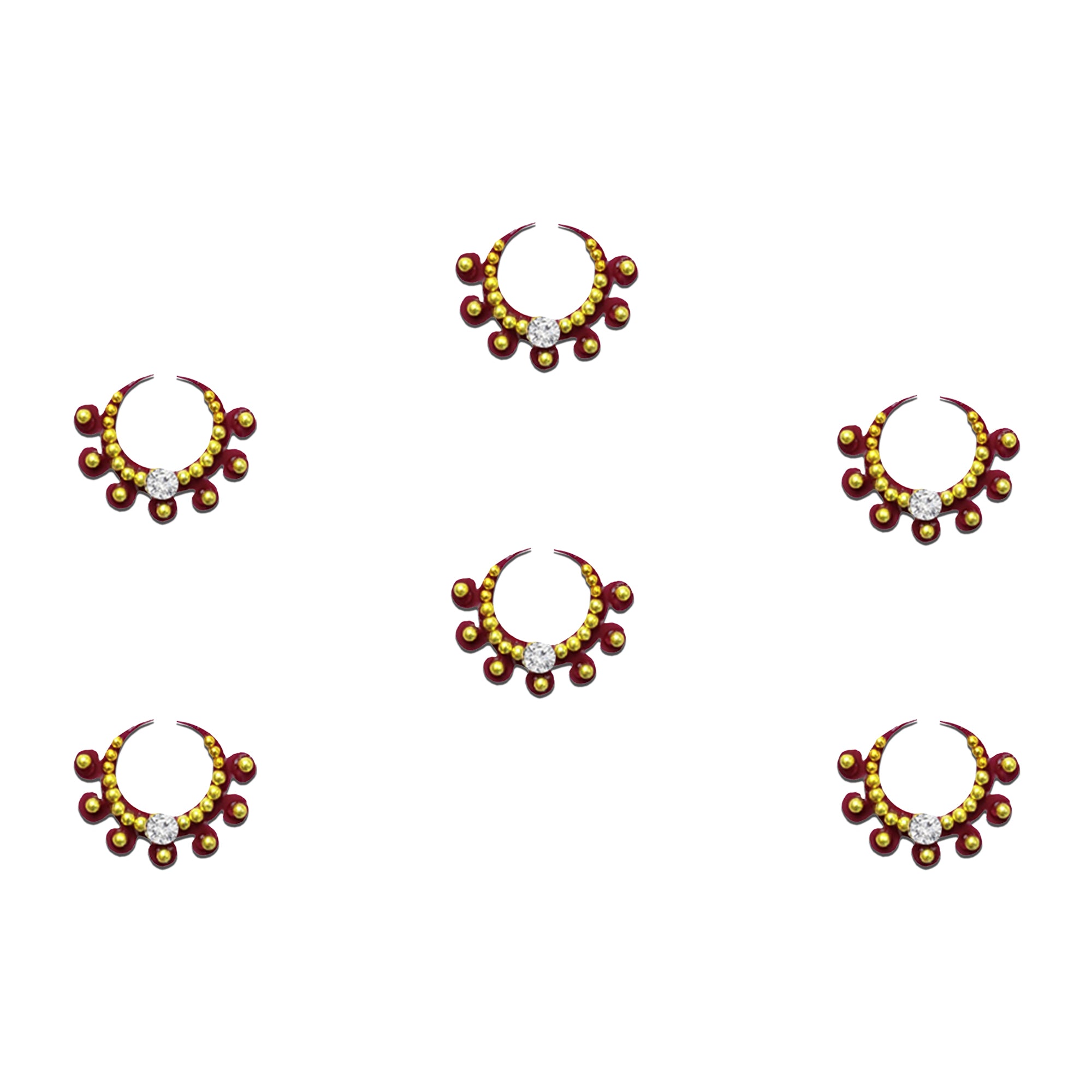 Comet Busters Royal Crescent Stone Bindi for Women and Girls, elegant crescent-shaped designer bindi embellished with golden beads, maroon accents and a sparkling crystal centerpiece, reusable forehead accessory for weddings, festivals, parties and traditional ethnic wear.
