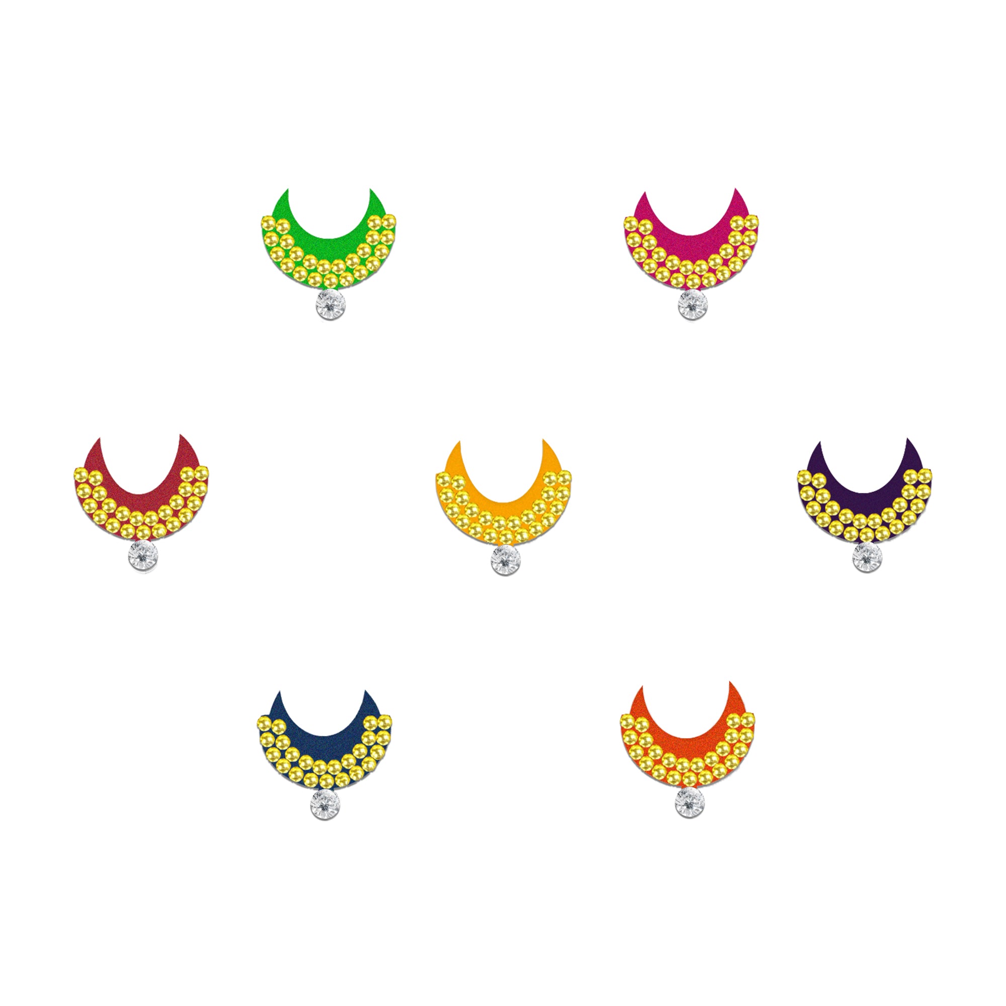 Comet Busters multicolor crescent moon designer bindis featuring sparkling golden stone embellishments with silver hanging accents in shades of green, pink, orange, blue, red, and purple on a black background.