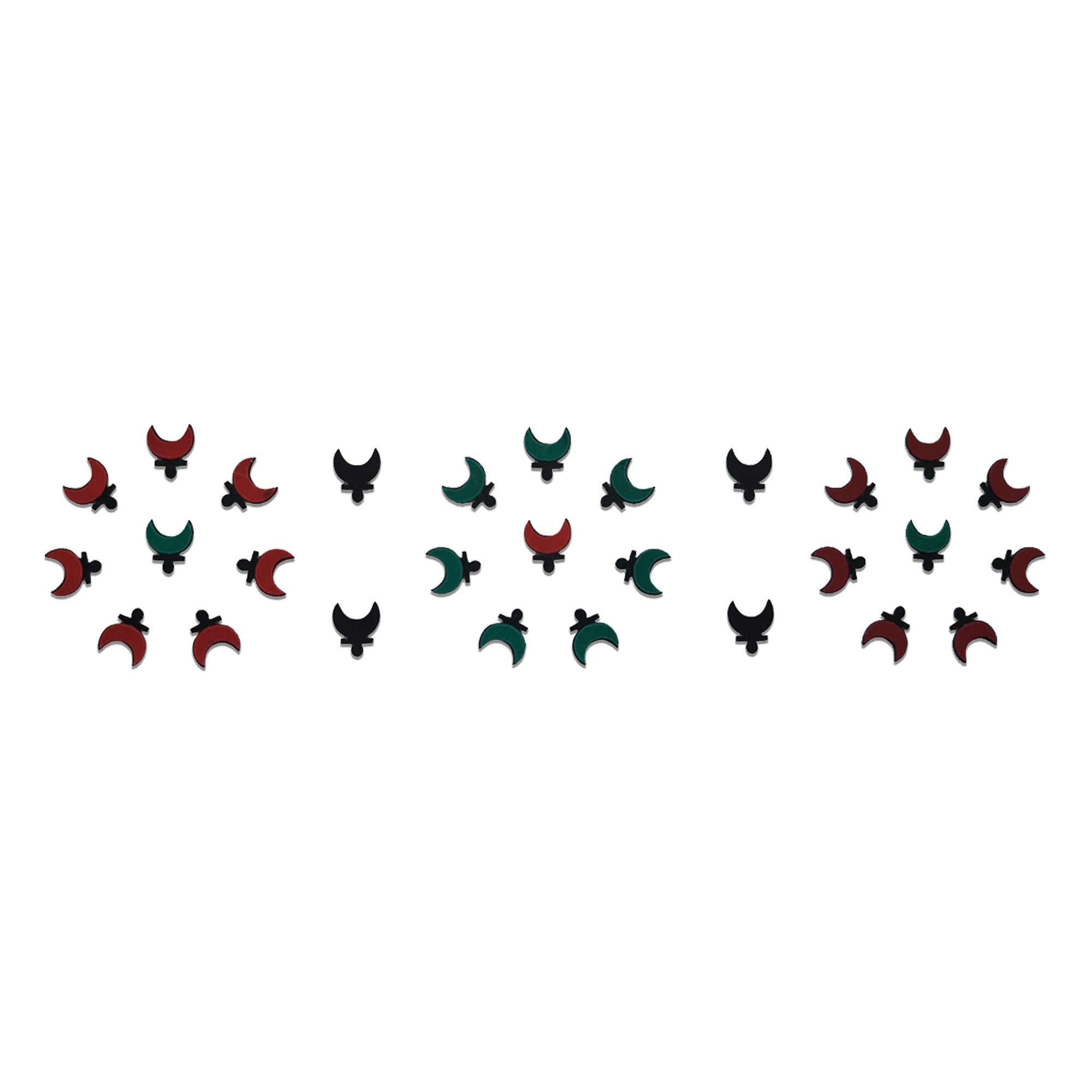Comet Busters premium Bengali crescent moon designer bindi set in red, green, and black shades with traditional ethnic forehead styling.