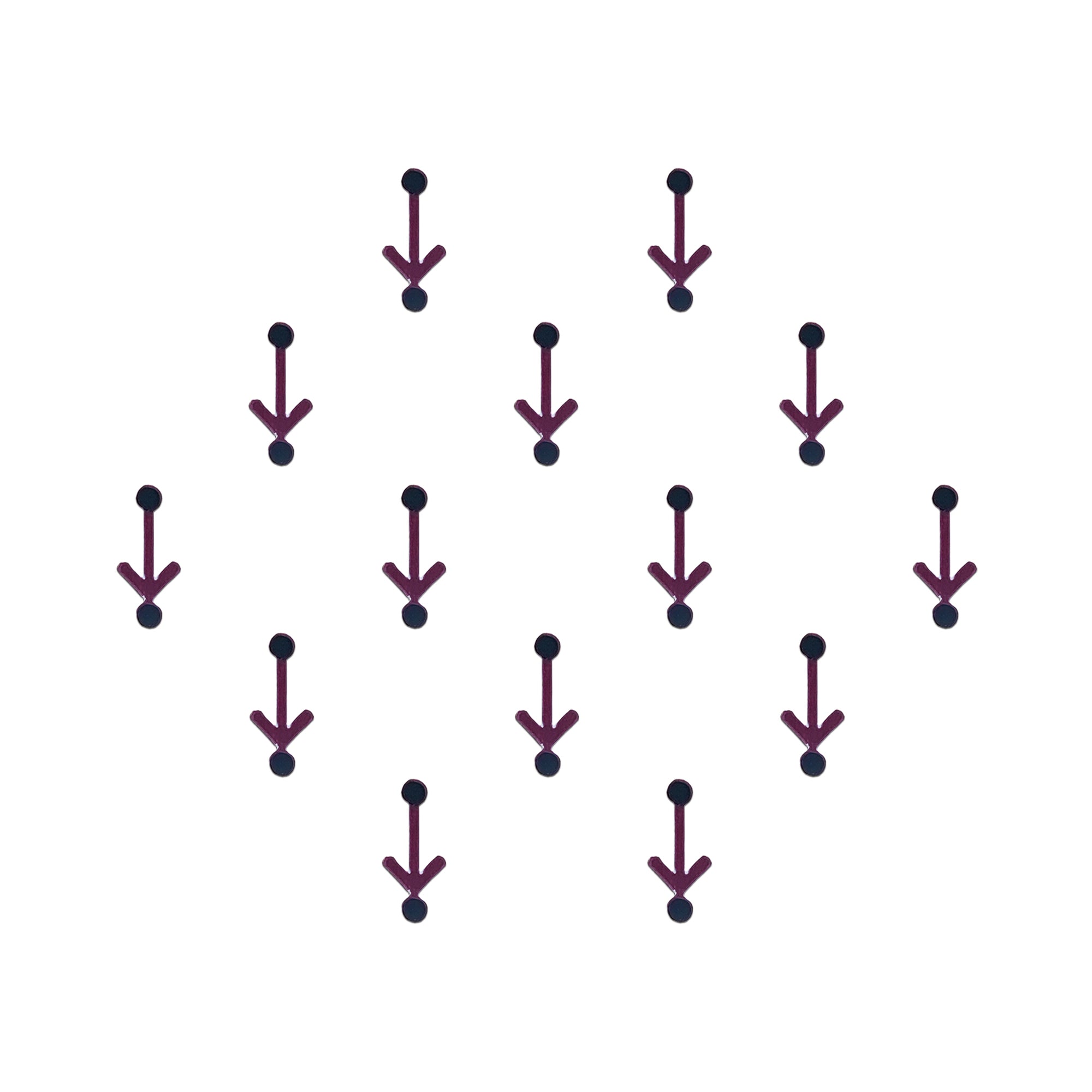 Minimal crimson arrow-shaped designer bindi with black dot accents, elegant stick-on forehead accessory for ethnic, casual, and contemporary wear.