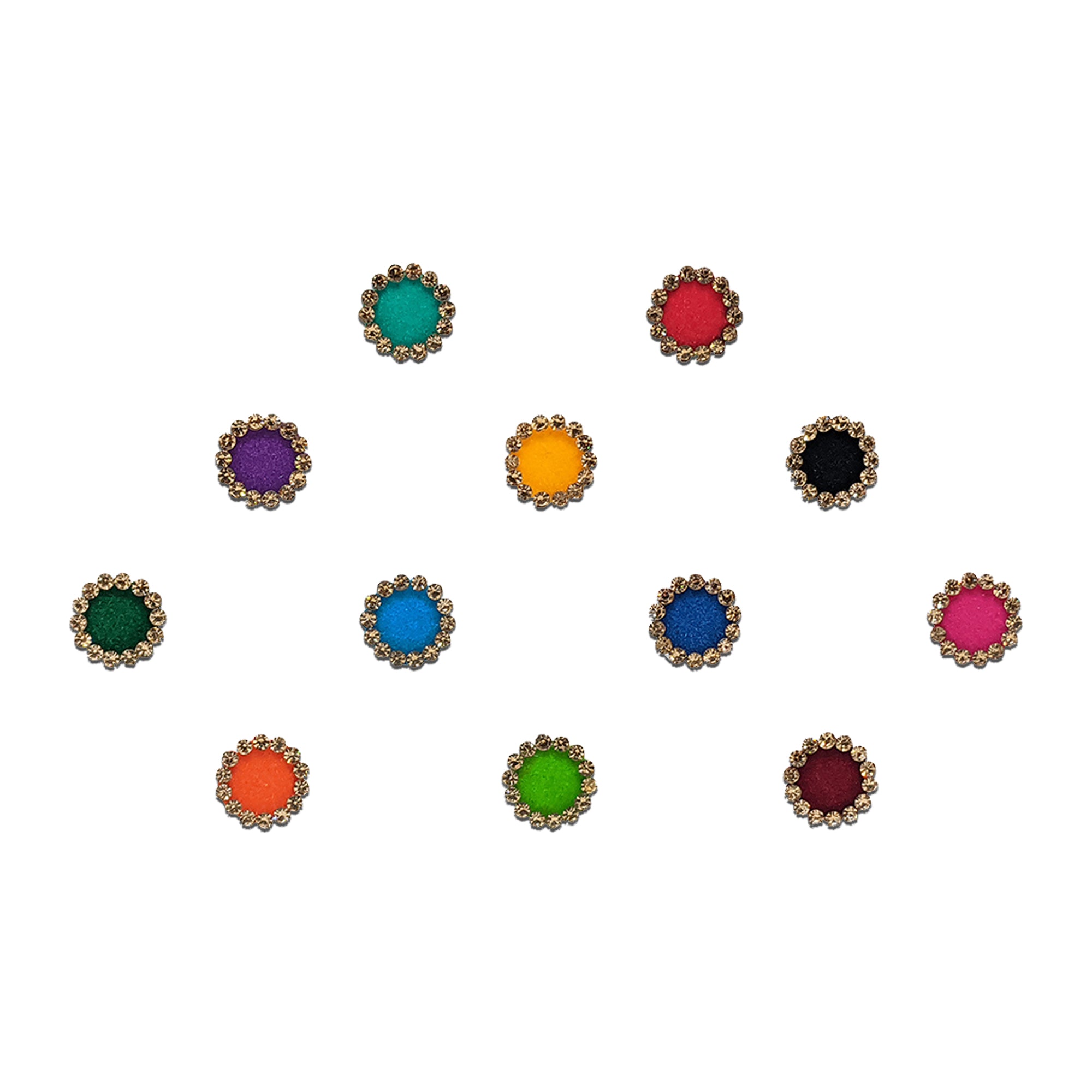 Comet Busters multicolor mini round bindis featuring elegant crystal stone borders with vibrant center shades for festive, casual, and ethnic wear styling.