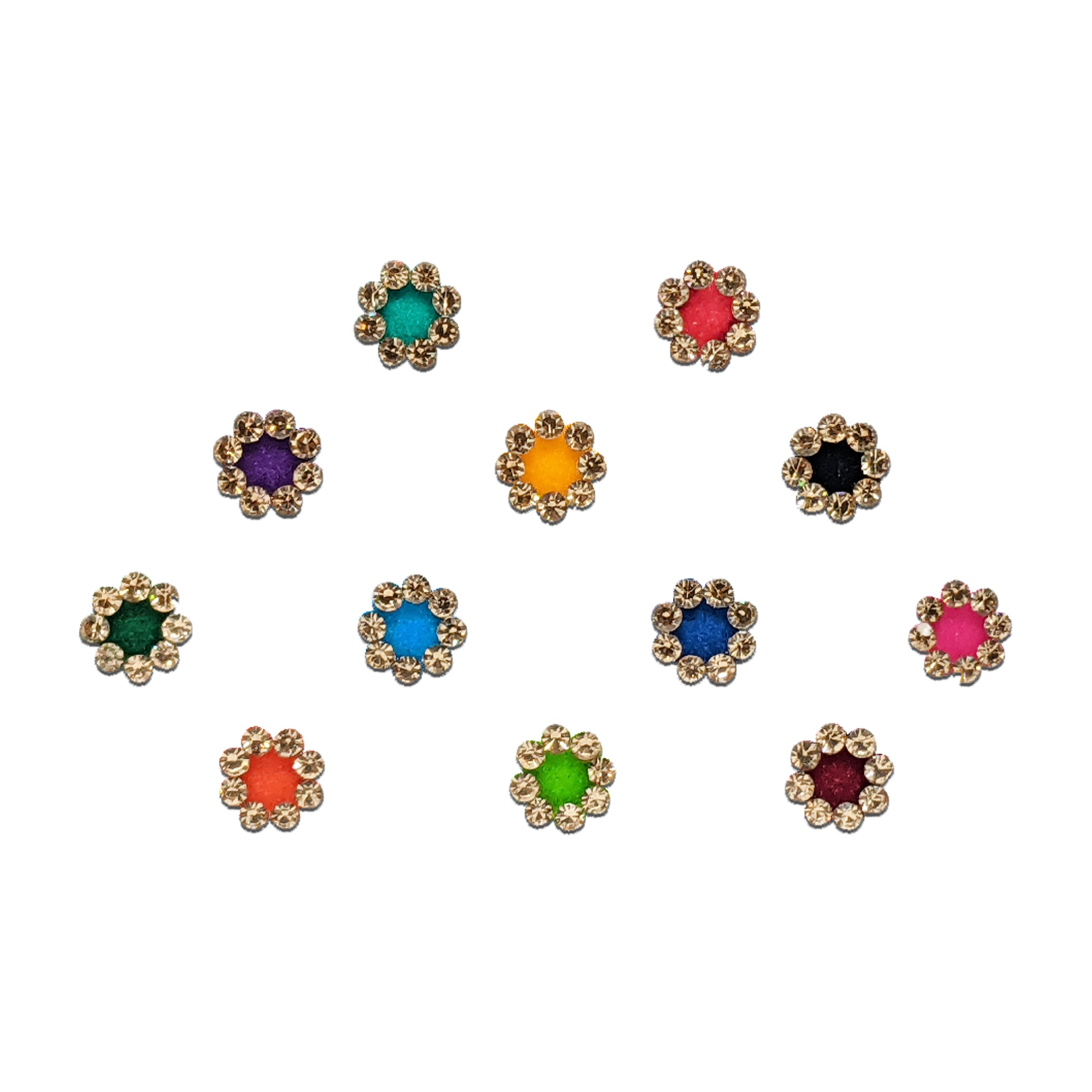 Comet Busters multicolor mini round bindis featuring elegant crystal stone borders with vibrant center shades for festive, casual, and ethnic wear styling.
