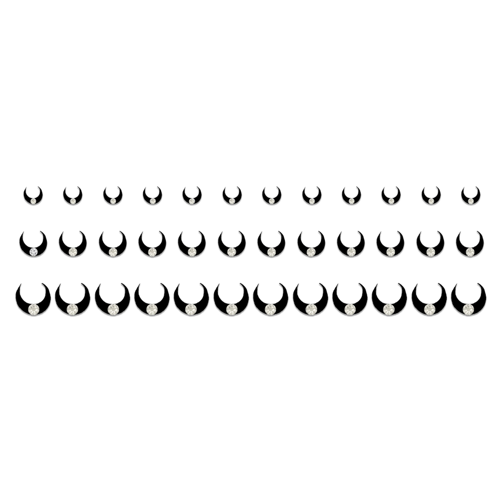 Comet Busters Crystal Crescent Moon Designer Black Bindi for Women and Girls, elegant crescent-shaped black bindis featuring a sparkling crystal stone accent, reusable forehead accessories for festive occasions, ethnic fashion, parties and everyday traditional wear.