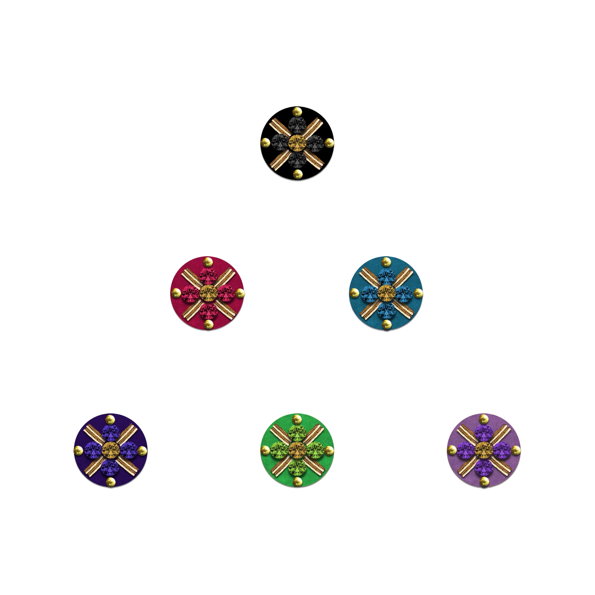 9mm round velvet bindis featuring floral crystal design with cross-pattern rhinestone strips, center gold stone, and colorful petal stones in black, pink, blue, purple, green, and lavender shades.