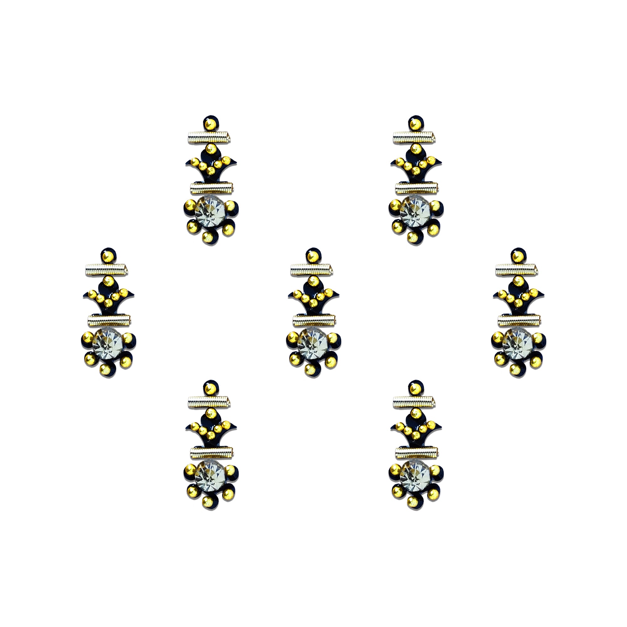 Crystal Crown Designer Bindi by Comet Busters featuring a sparkling clear crystal centerpiece accented with golden bead detailing, silver bar elements, and an elegant black ornamental design. Reusable self-adhesive designer bindi for women and girls, perfect for weddings, festive occasions, ethnic wear, traditional outfits, and party styling.