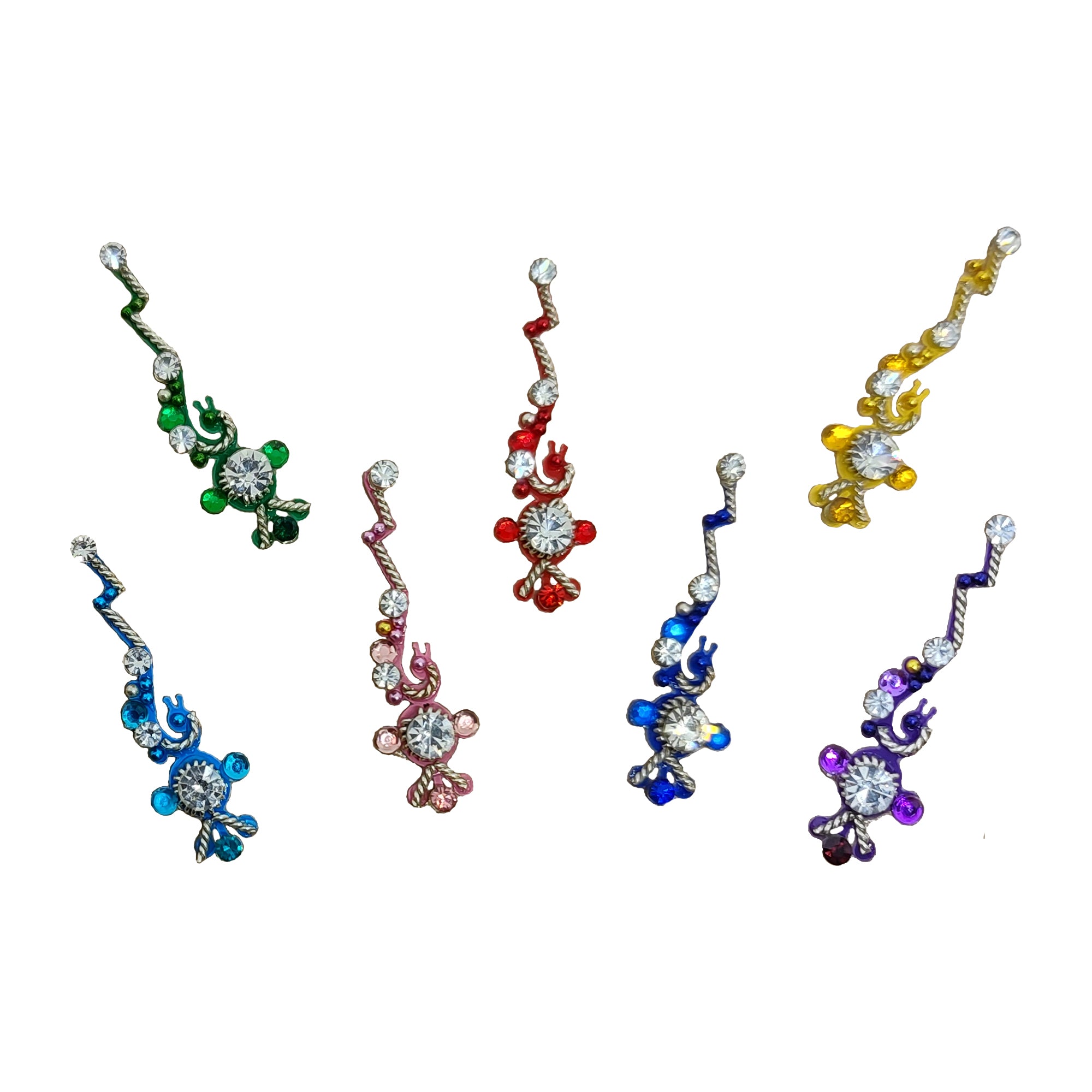 Comet Busters Crystal Designer Bindi Collection featuring multicolor self-adhesive bindis with elegant peacock-inspired vine motifs, sparkling white crystals, and metallic detailing. Perfect for women and girls to complement sarees, lehengas, salwar suits, festive celebrations, weddings, Navratri, Diwali, dance performances, and traditional Indian occasions.