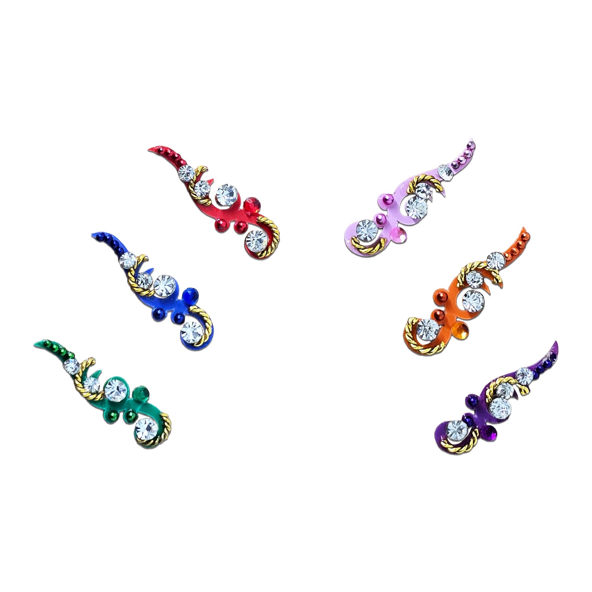 Comet Busters Elegant Crystal Swirl Designer Bindi featuring graceful multicolor enamel swirl accents with sparkling clear rhinestones and gold-tone detailing. Self-adhesive reusable designer bindis for women and girls, perfect for weddings, bridal wear, festivals, Navratri, Diwali, parties, cultural events, and traditional ethnic outfits.