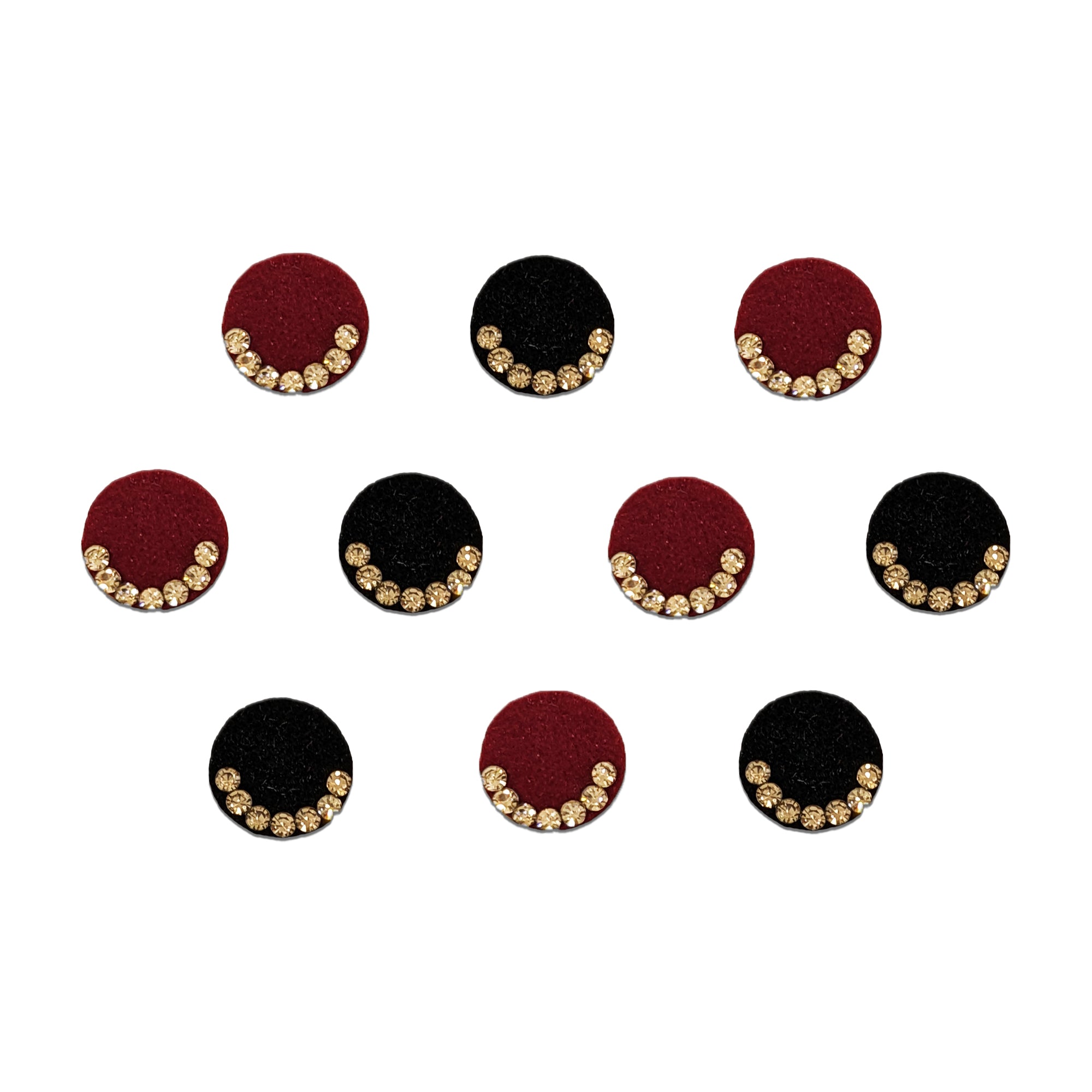 Comet Busters Maroon & Black velvet round bindis featuring sparkling crystal stone accents for festive, traditional, and party wear.