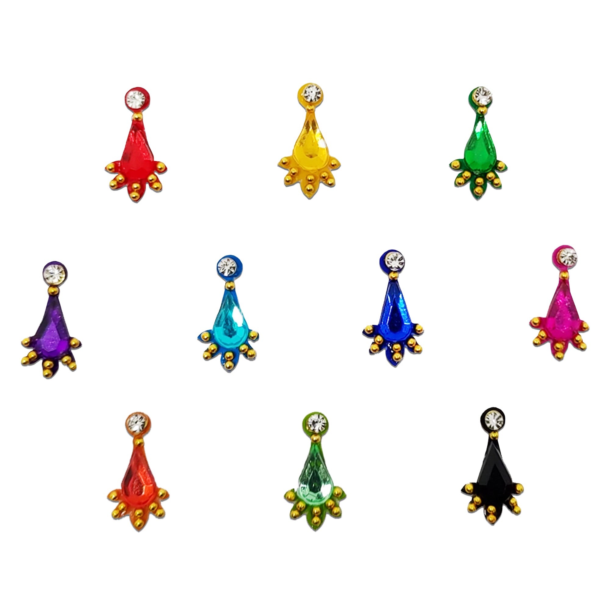 Comet Busters multicolor teardrop designer bindi set featuring vibrant crystal drop-shaped stones in red, yellow, green, purple, turquoise, blue, pink, orange, and black, accented with sparkling white crystals and gold bead detailing for women and girls.