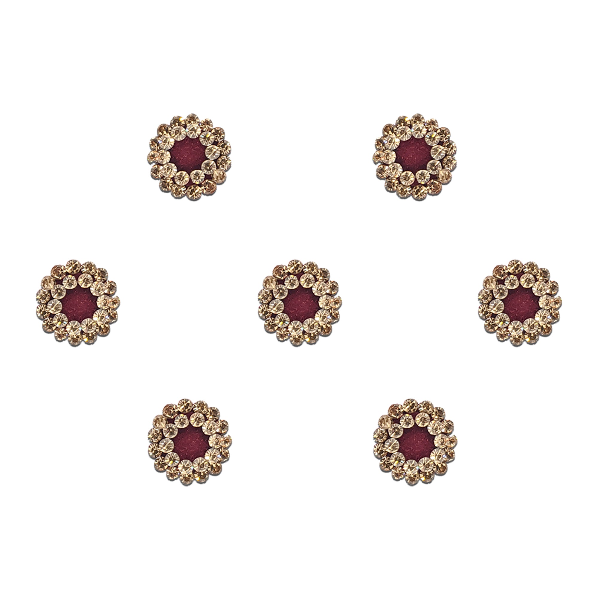 Comet Busters Maroon round bindis with sparkling crystal floral stone border in an elegant traditional designer style for festive and ethnic wear.