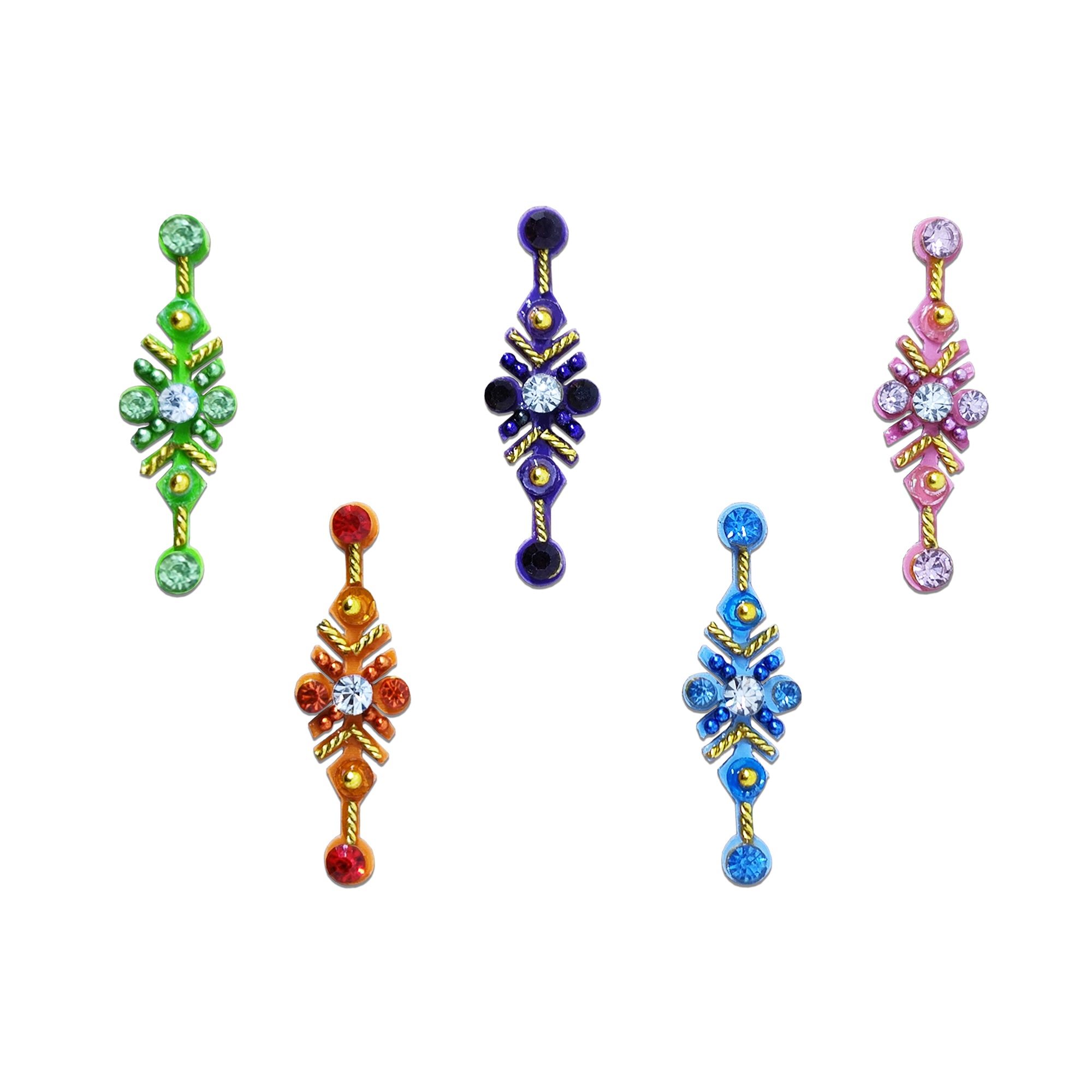 Comet Busters premium multicolor long designer bindi with crystal stones, glitter detailing, and floral ethnic pattern for festive and partywear styling.