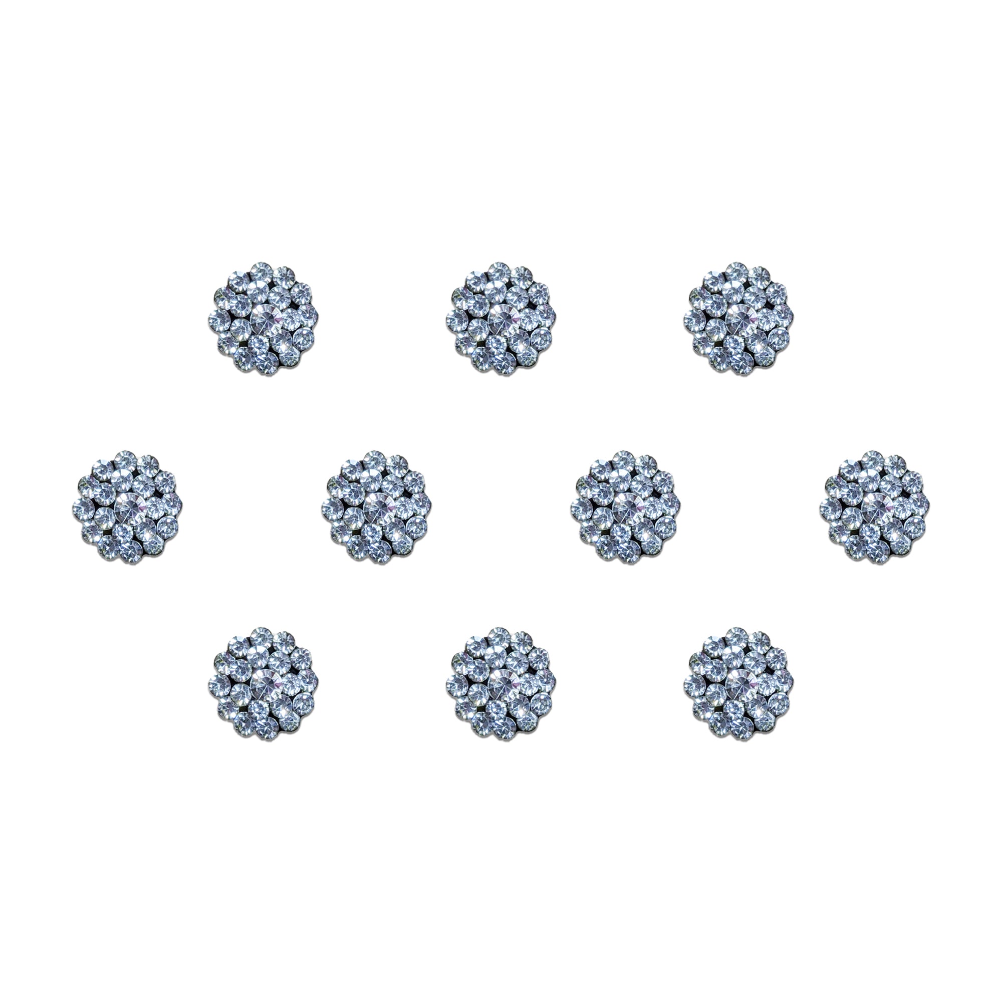 Comet Busters Crystal Blossom Stone Bindi featuring a round floral cluster of sparkling silver rhinestones arranged in a flower-inspired design. Premium self-adhesive bindi ideal for bridal wear, weddings, festivals, parties, and traditional ethnic styling.