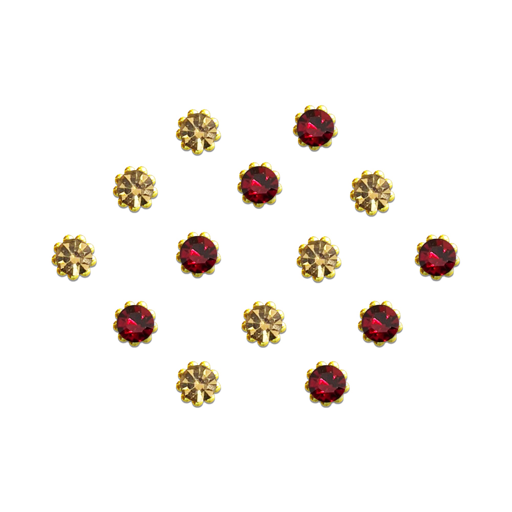 Round crystal stone bindis featuring alternating ruby red and champagne gold stones with delicate golden floral edge detailing, designed for festive and traditional ethnic wear.