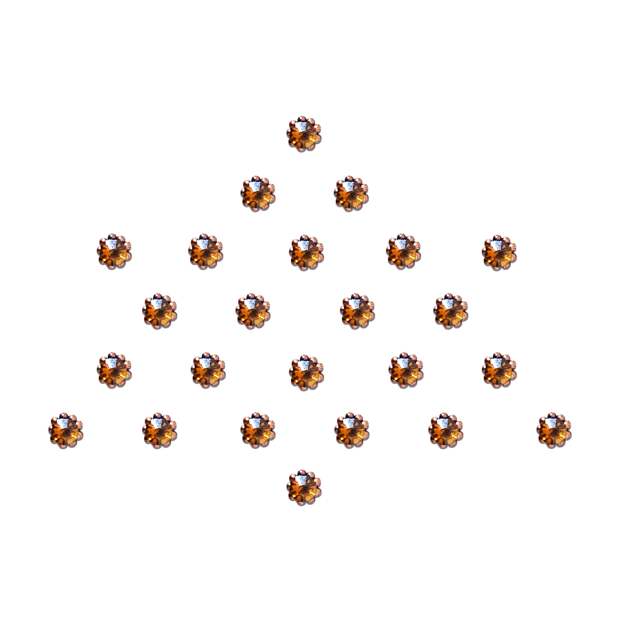 Comet Busters amber crystal flower dot bindi featuring premium round self-adhesive mini bindis with sparkling amber rhinestones set in a delicate floral petal design. Elegant fancy bindis for women and girls, perfect for weddings, festivals, Navratri, Diwali, Karwa Chauth, ethnic wear, traditional outfits, parties, and everyday styling.
