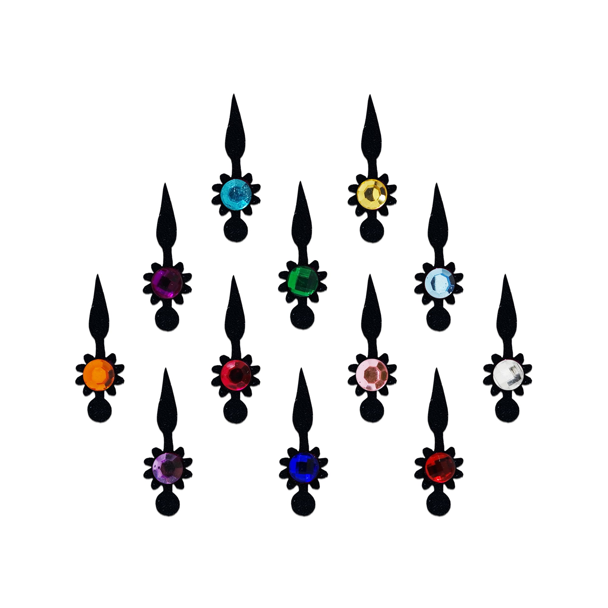 Comet Busters Floral Crystal Drop Designer Bindi featuring a sleek black elongated teardrop top with a sparkling round faceted crystal surrounded by delicate flower-like petals and a round accent below. Available in multicolor gemstone shades including turquoise, gold, emerald green, sky blue, orange, ruby red, pink, white, lavender, royal blue, and deep red. Self-adhesive designer bindi for women
