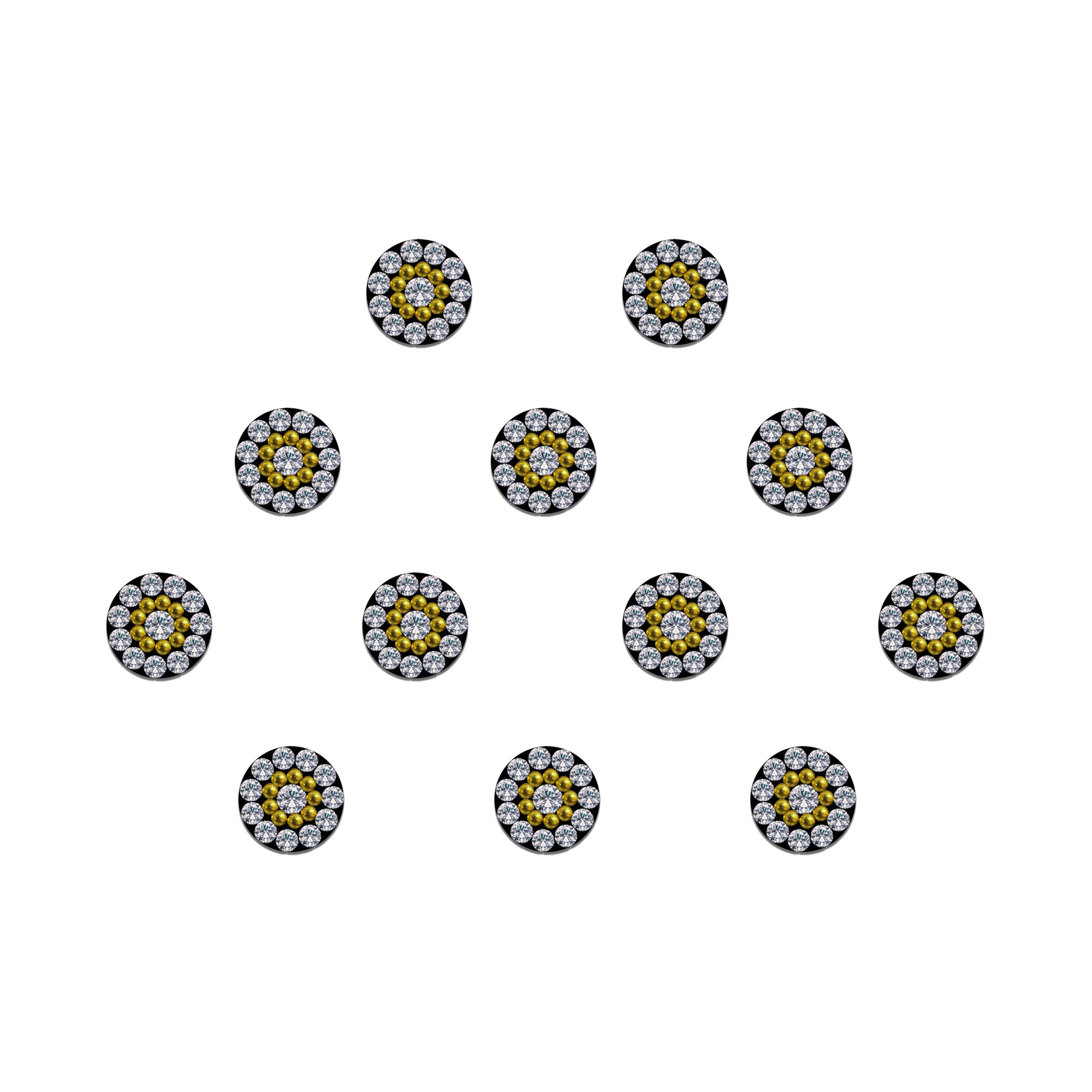 Comet Busters crystal halo designer bindis featuring sparkling white center stones with dual-layer crystal borders and gold bead detailing on a black base, ideal for bridal, festive, ethnic, and traditional wear.