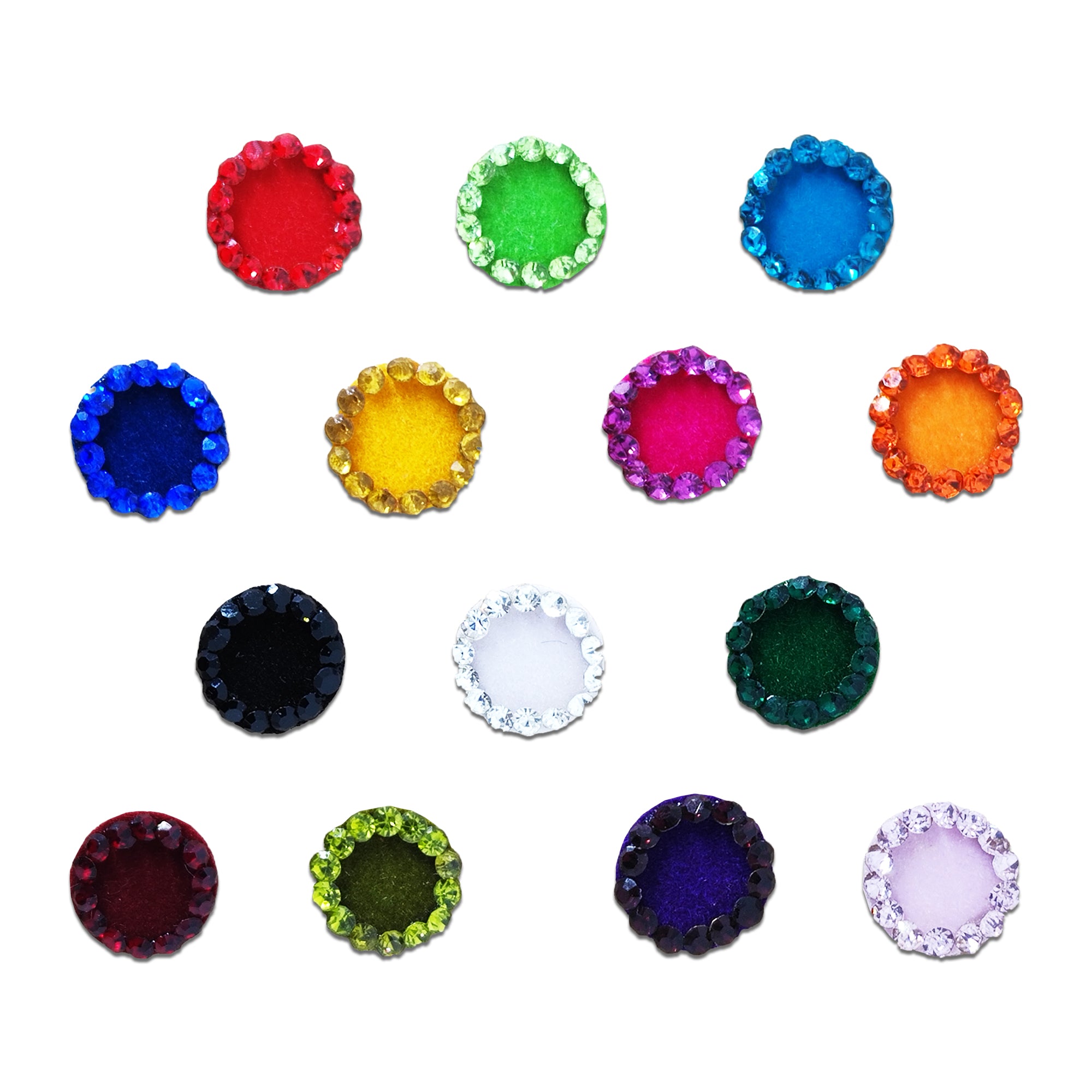 Comet Busters Rainbow Crystal Halo Velvet Bindi Set featuring round velvet bindis in assorted vibrant colors, each surrounded by a sparkling crystal border. Self-adhesive designer bindis for women and girls, perfect for weddings, festivals, Navratri, parties, cultural events, classical dance performances, and elegant ethnic or fusion styling.