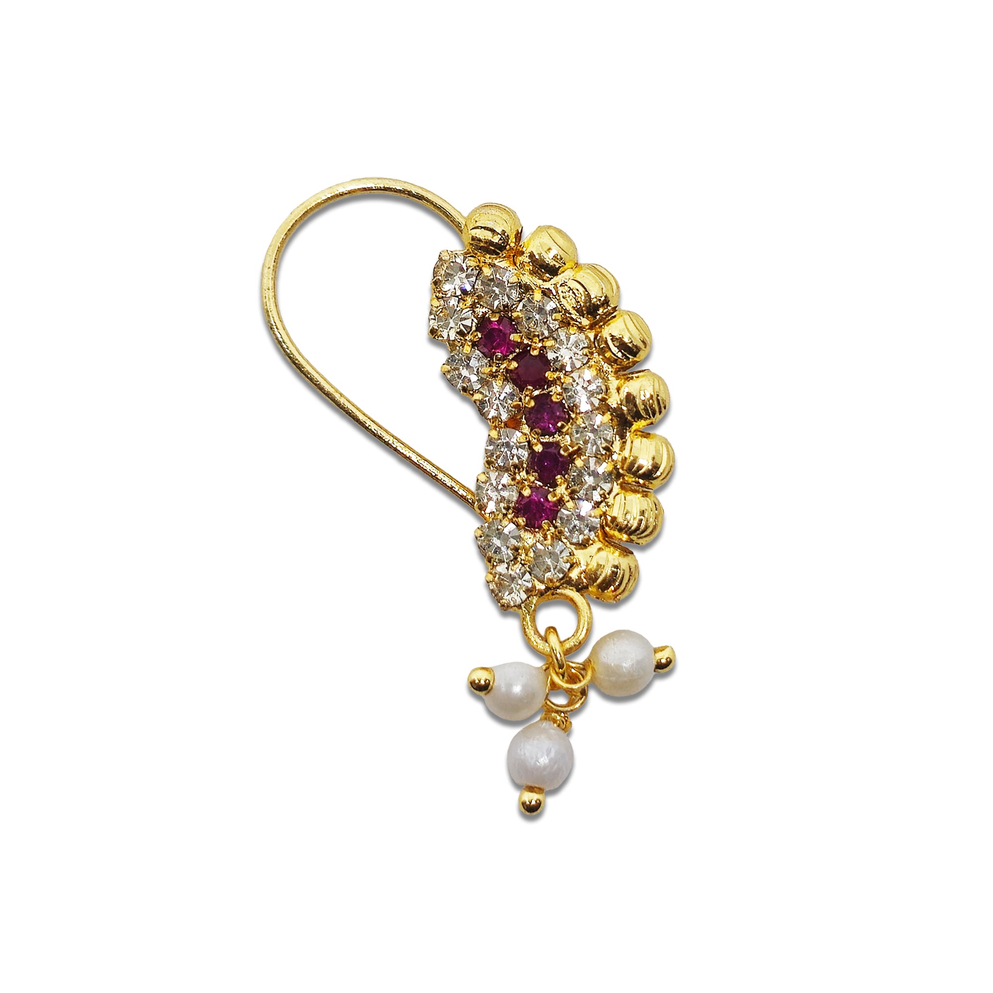 Comet Busters gold-tone bridal nose ring with white pearl beads, red and green stones, crystal detailing, and dangling pearl charms.
