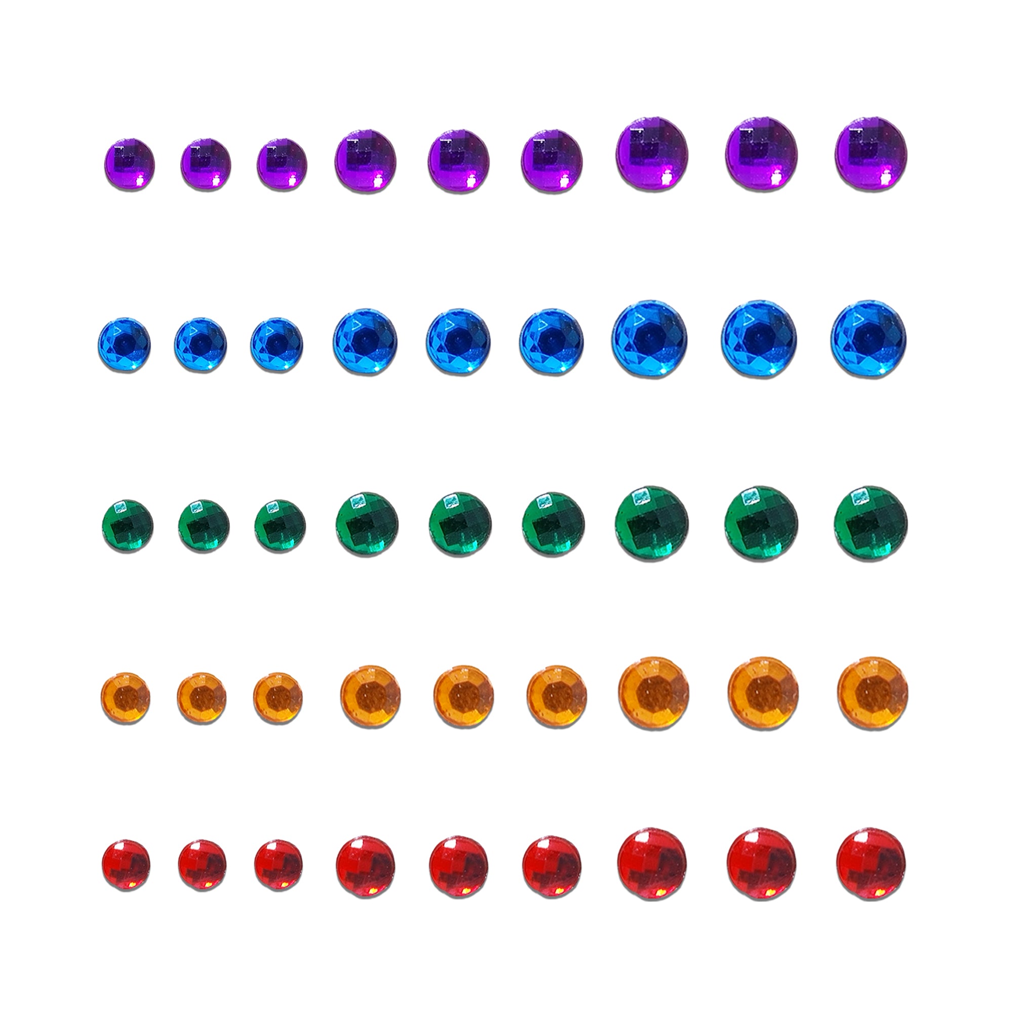 Comet Busters Multicolor Crystal Drop Bindis featuring elegant Round arrangements of sparkling round rhinestones in blue, green, orange, maroon, pink, red, purple, white, and emerald shades. Reusable designer stone bindis for women and girls, perfect for weddings, festivals, parties, classical dance performances, bridal wear, and premium ethnic styling.