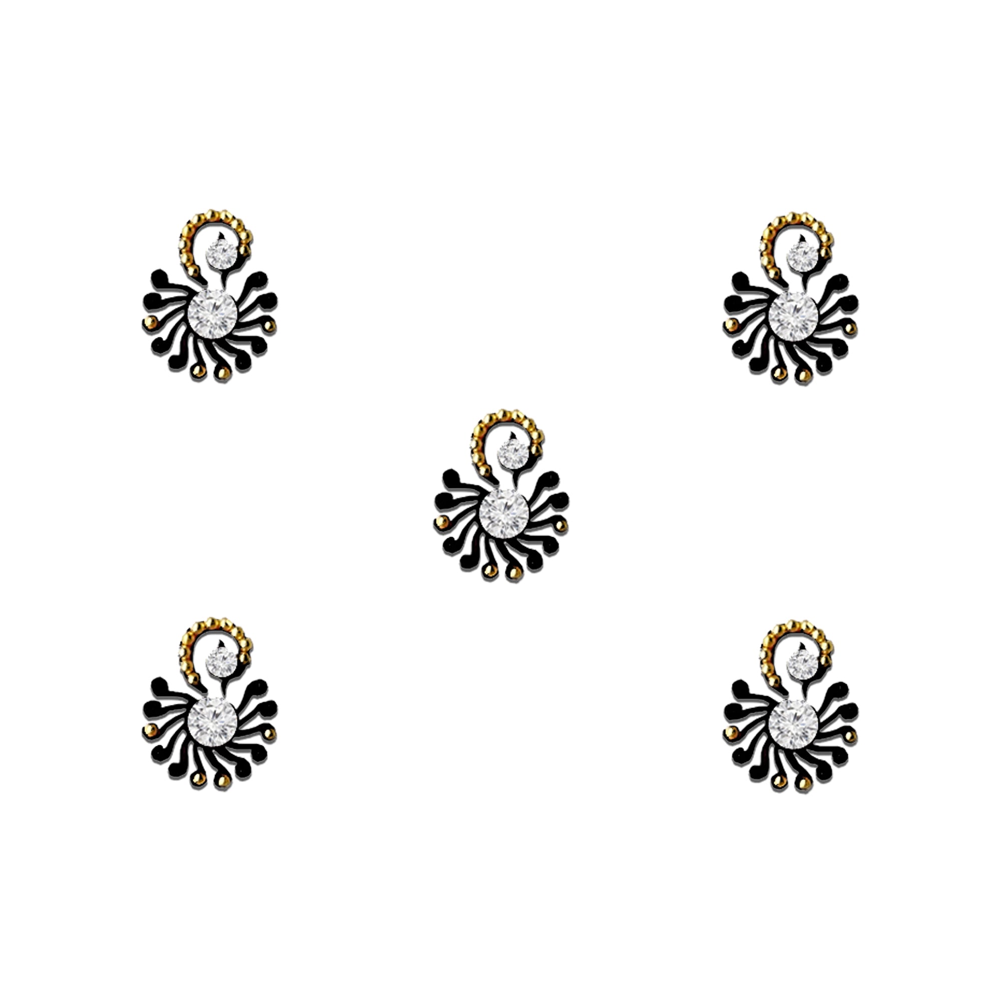 Comet Busters designer bindi featuring a sparkling white crystal center with black peacock-inspired fan detailing and gold bead accents.