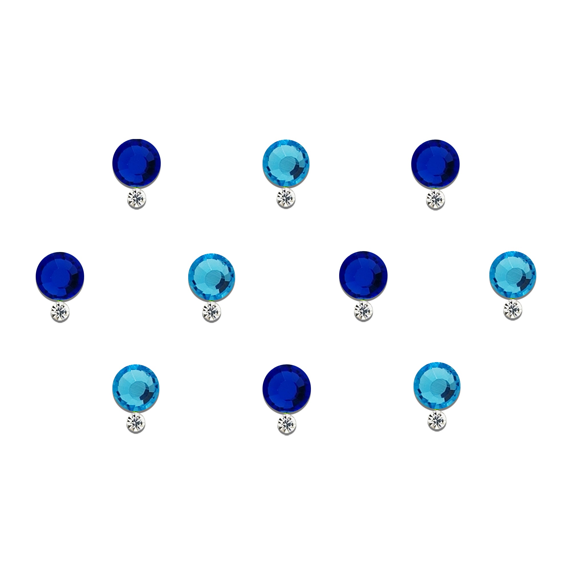 Comet Busters blue dual-tone designer bindi sheet featuring 10 reusable self-adhesive round crystal bindis in royal blue and aqua blue, each accented with a sparkling white crystal drop. Elegant bindis perfect for weddings, festive celebrations, Navratri, Diwali, parties, classical dance, and traditional ethnic wear including sarees, lehengas, kurtis, and salwar suits.