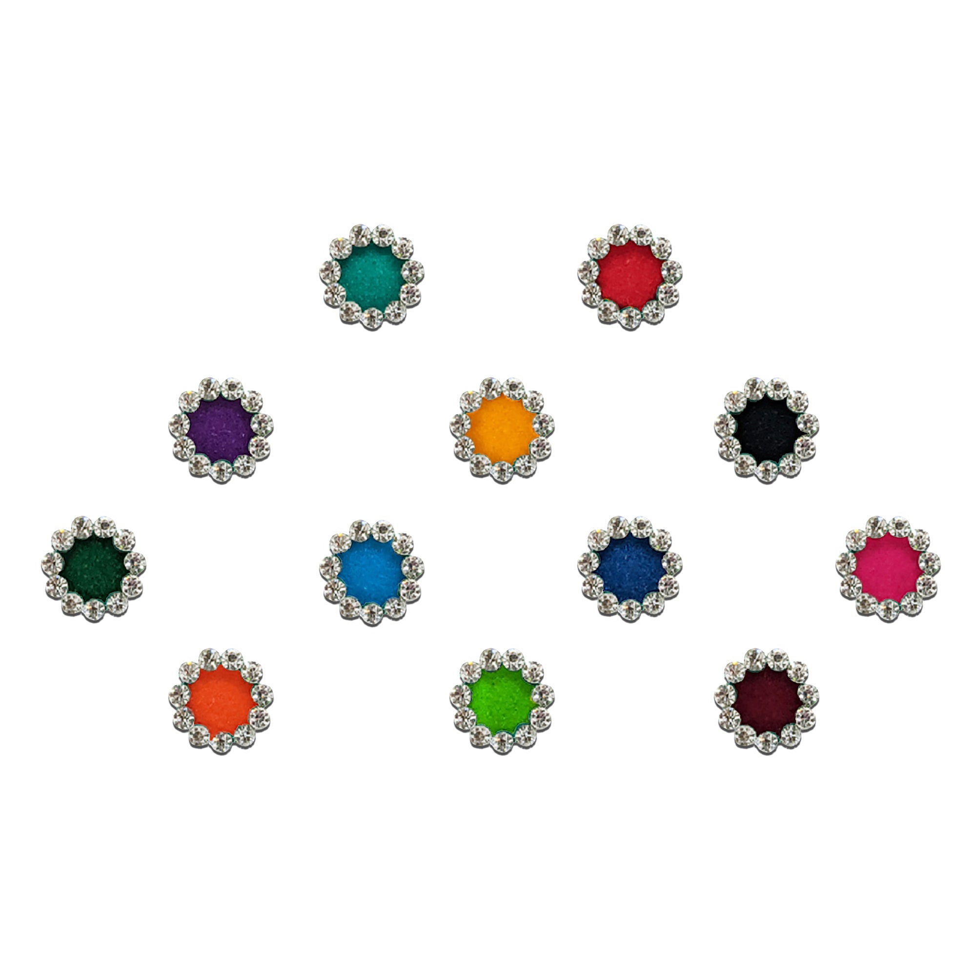 Comet Busters multicolor round bindis featuring elegant crystal stone borders with vibrant center shades for festive, casual, and ethnic wear styling.