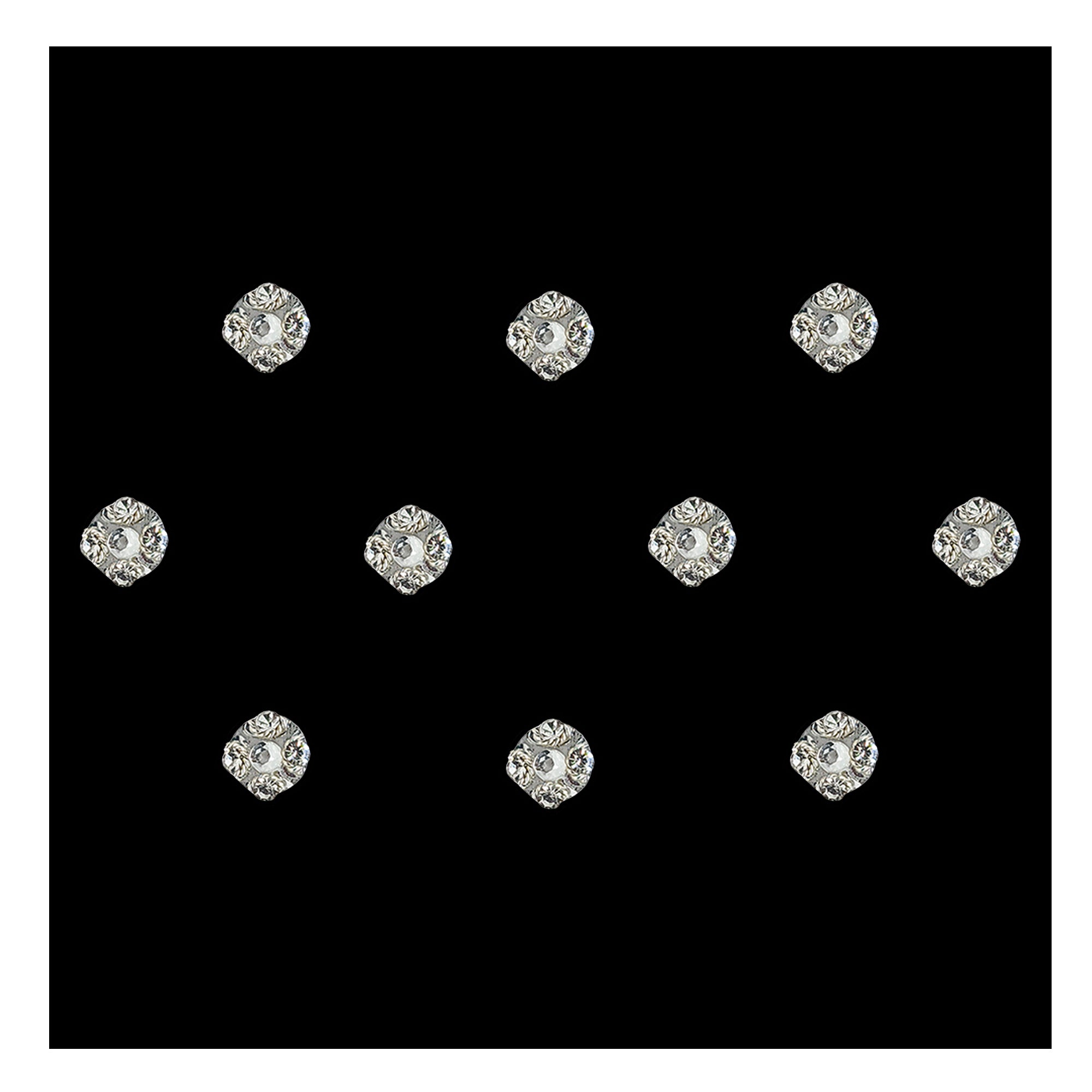 Comet Busters premium silver square bindis featuring sparkling crystal stones with a central rhinestone and elegant geometric designer detailing for festive and party wear styling.