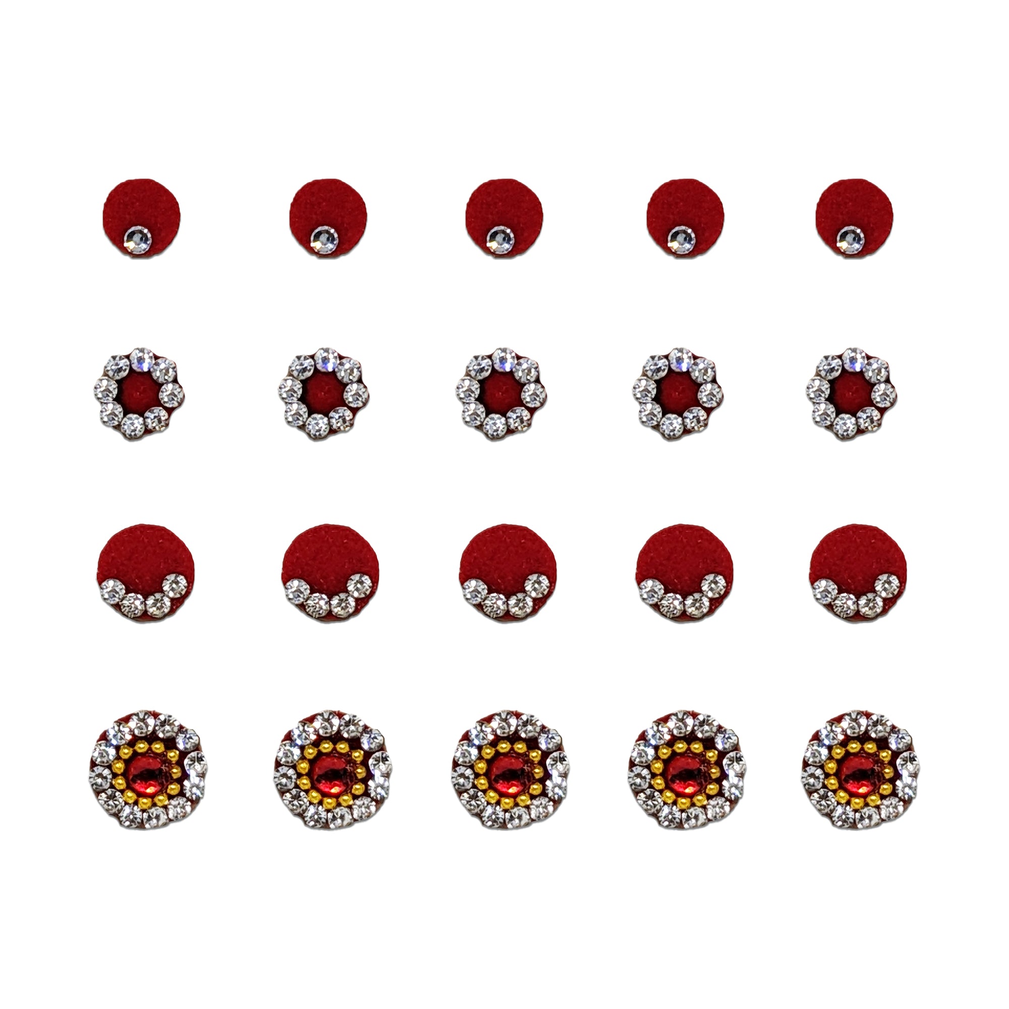 Comet Busters Designer Red Bindi Combo Set featuring four unique styles including classic velvet bindis with crystal accents, floral crystal bindis, smile-pattern stone bindis, and premium ruby stone halo bindis. Self-adhesive forehead stickers perfect for weddings, festivals, parties, and traditional ethnic wear.