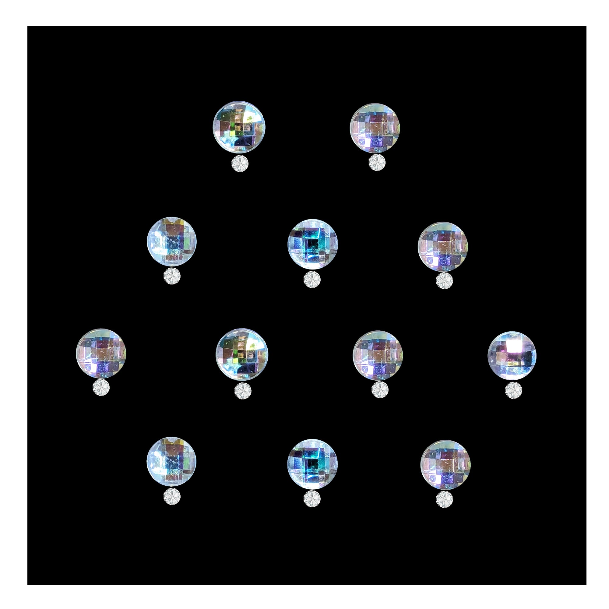Comet Busters disco crystal stone bindis featuring round iridescent faceted stones with small crystal drop accents arranged on premium kraft packaging, elegant self-adhesive festive bindi set for women and girls.