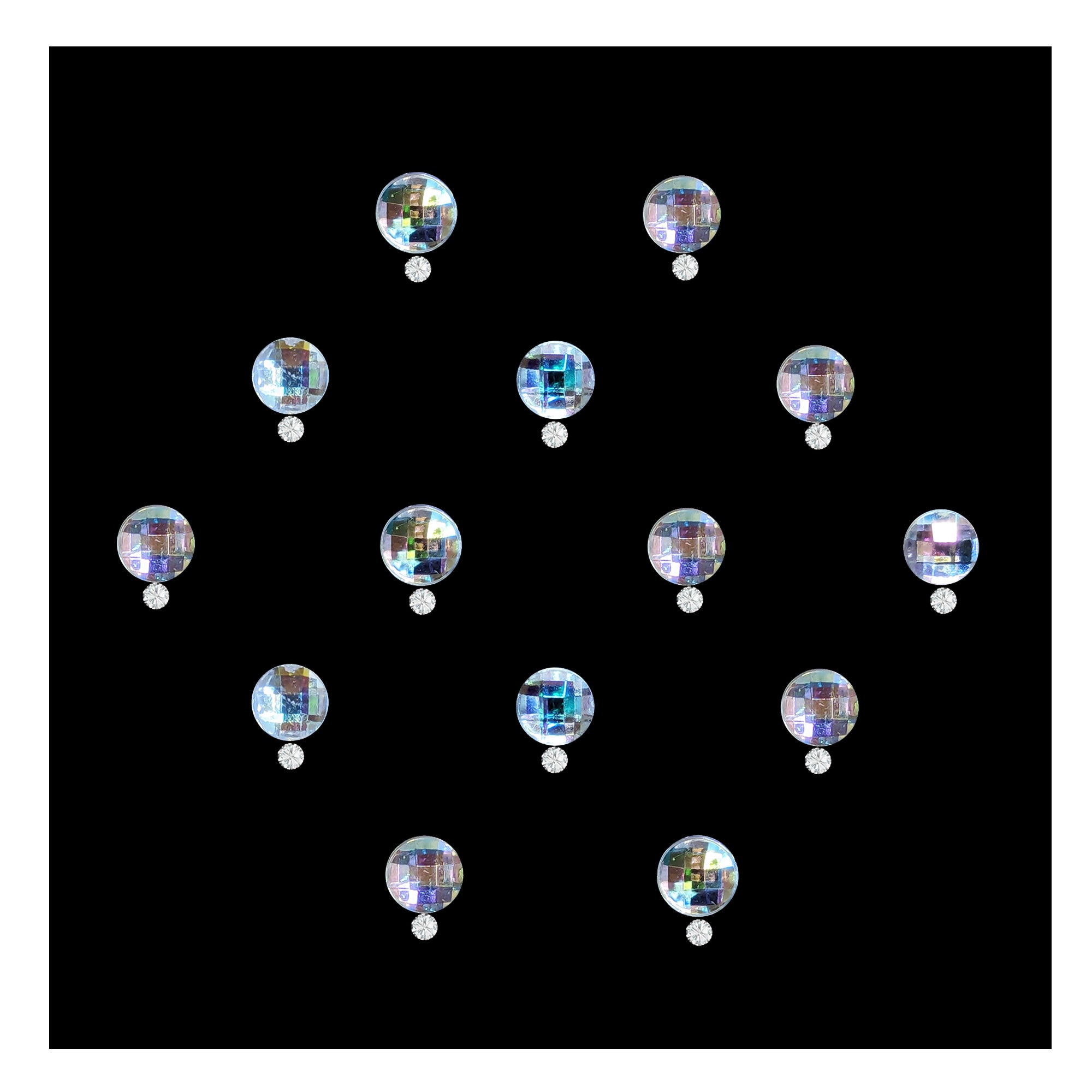 Comet Busters disco crystal stone bindis featuring round iridescent faceted stones with small crystal drop accents arranged on premium kraft packaging, elegant self-adhesive festive bindi set for women and girls.