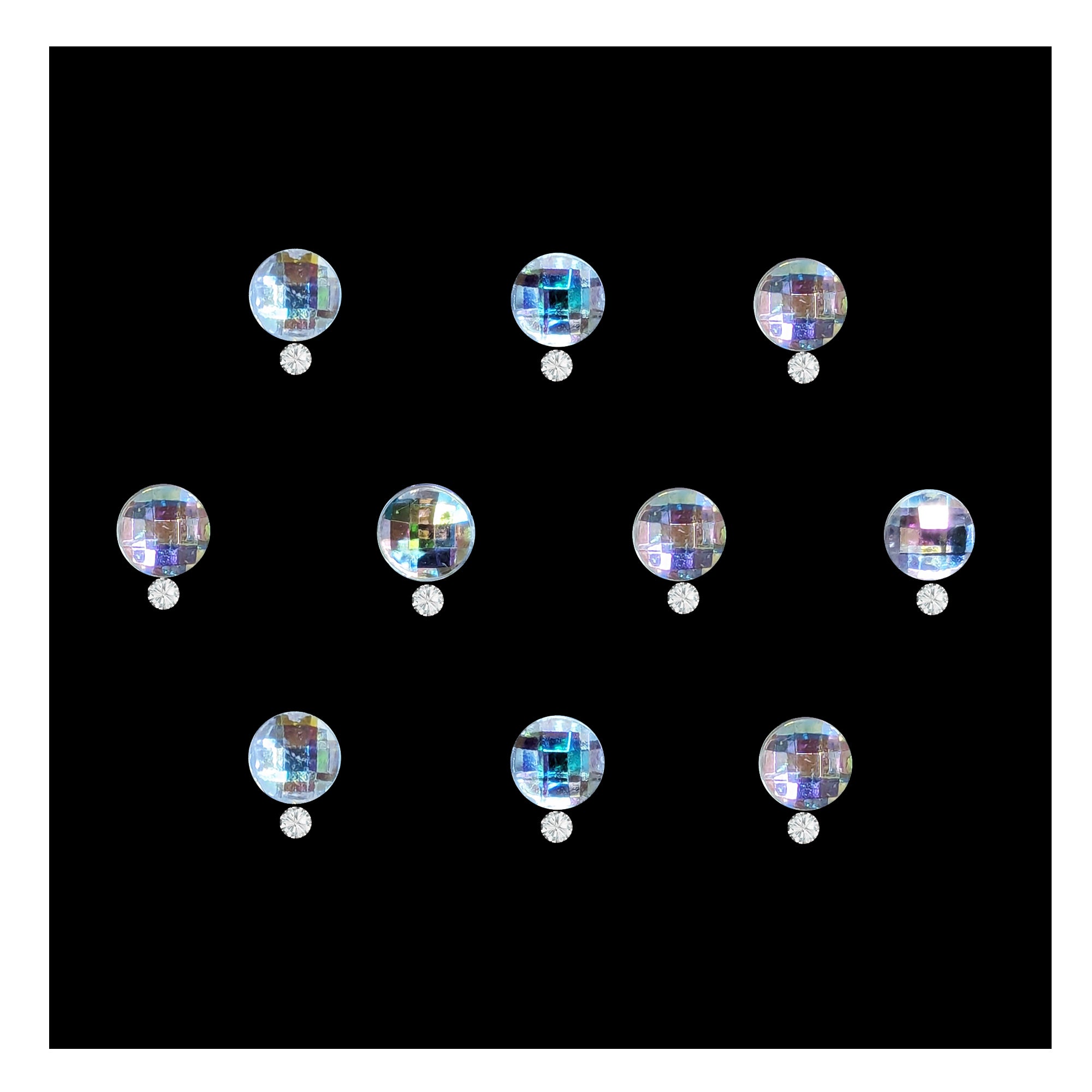 Comet Busters disco crystal stone bindis featuring round iridescent faceted stones with small crystal drop accents arranged on premium kraft packaging, elegant self-adhesive festive bindi set for women and girls.