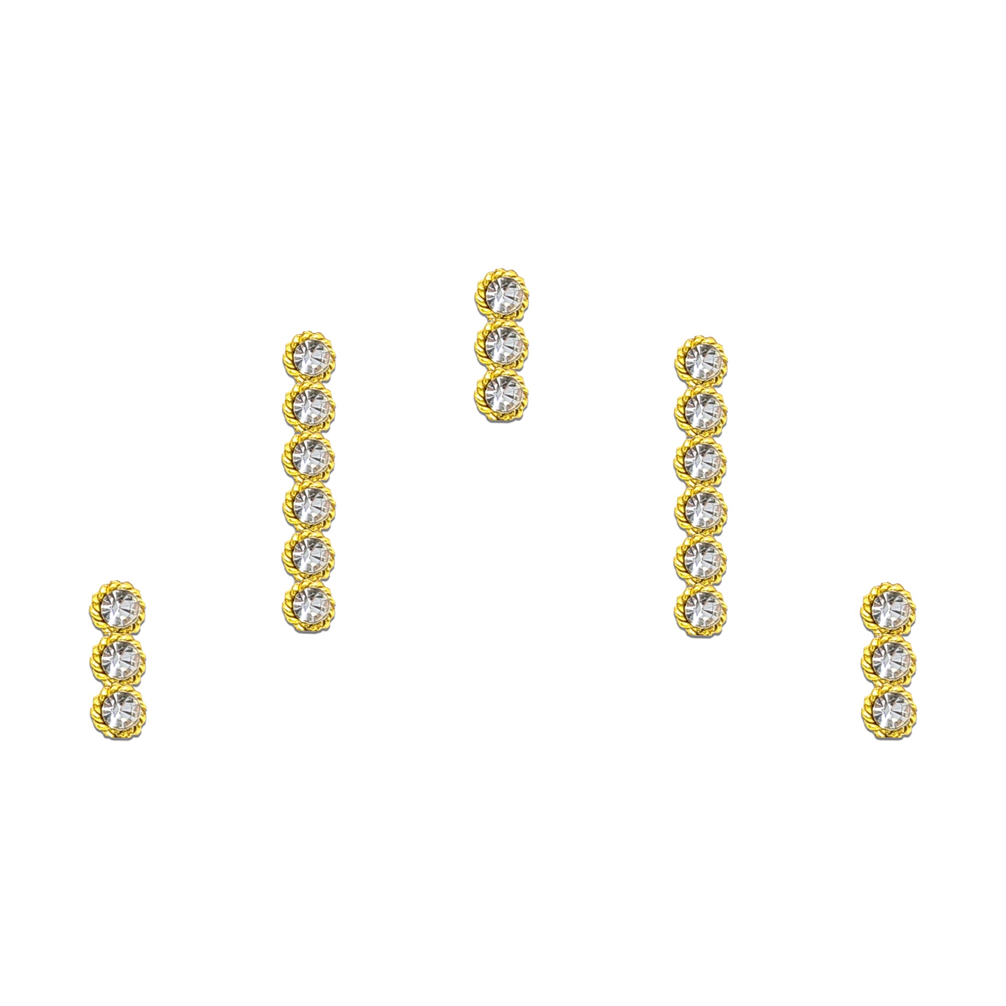 Comet Busters crystal stone line bindis featuring sparkling clear stones in elegant gold-toned settings for festive and bridal wear.