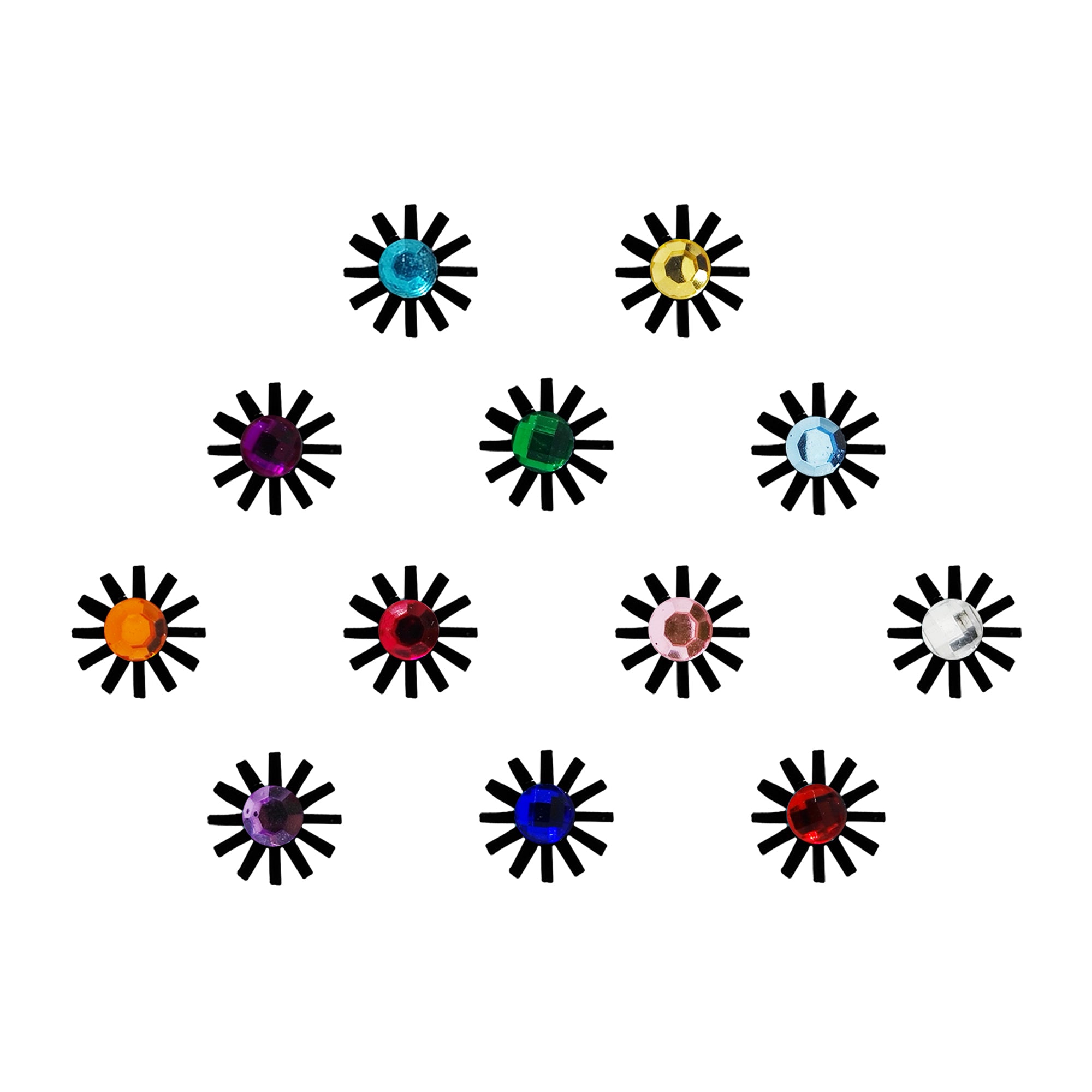 Comet Busters Sun Ray Crystal Designer Bindi featuring a sparkling round faceted crystal at the center surrounded by bold black sunray spokes. Available in multicolor gemstone shades including turquoise, gold, purple, emerald green, sky blue, orange, ruby red, pink, white, lavender, royal blue, and deep red. Self-adhesive designer bindi for women and girls, perfect for weddings, festivals, Navratri, Diwali, parties, cultural events, and traditional ethnic wear.