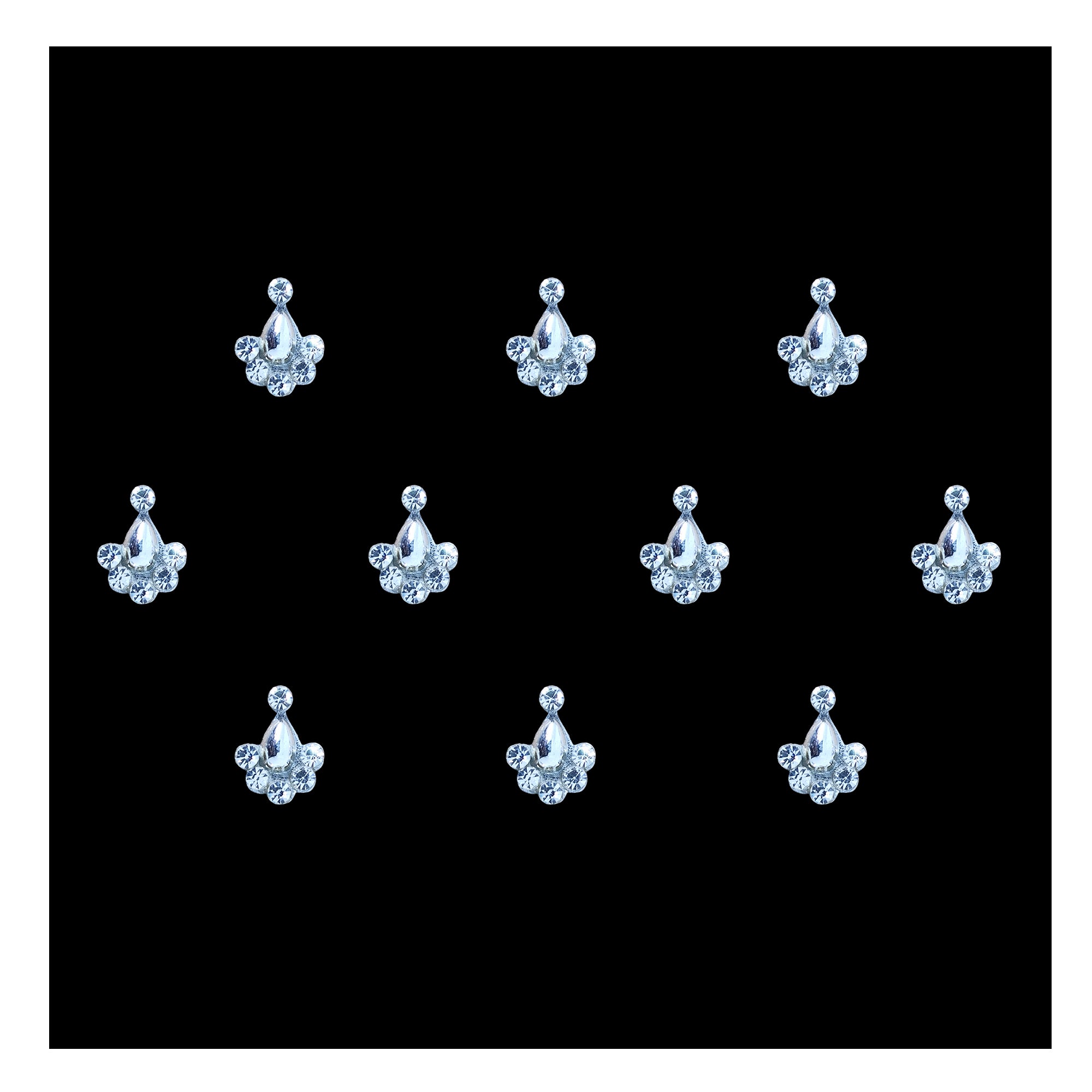 Comet Busters Crystal Teardrop Floral Stone Bindi featuring a clear pear-shaped crystal surrounded by sparkling round rhinestones in a delicate floral arrangement. Self-adhesive premium designer bindi for women and girls, ideal for weddings, bridal wear, receptions, engagement ceremonies, festivals, Navratri, Diwali, Karwa Chauth, Mehendi, Sangeet, parties, and traditional Indian outfits including sarees, lehengas, anarkalis, salwar suits, gowns, and Indo-western attire.