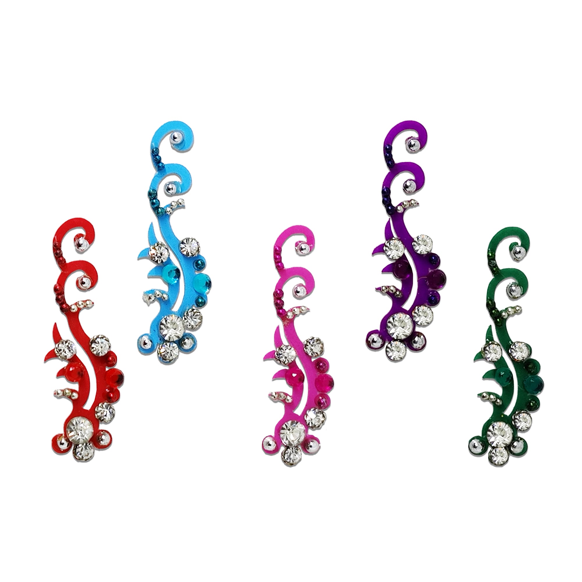 Comet Busters Abstract Crystal Swirl Designer Bindi featuring elegant curved swirl motifs embellished with sparkling crystal rhinestones and glossy multicolor accents in red, blue, pink, purple, and green. Self-adhesive designer bindis for women and girls, ideal for weddings, festivals, parties, Navratri, Diwali, dance performances, and traditional as well as fusion ethnic wear.