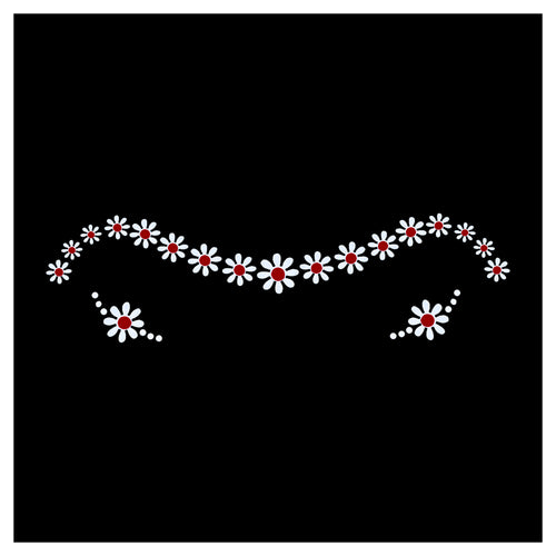 Comet Busters floral forehead bindi featuring a graceful chain of white daisy flowers with red centers arranged in an elegant curved vine pattern. Self-adhesive decorative bindi ideal for weddings, festivals, dance performances, bridal looks, and traditional Indian celebrations.