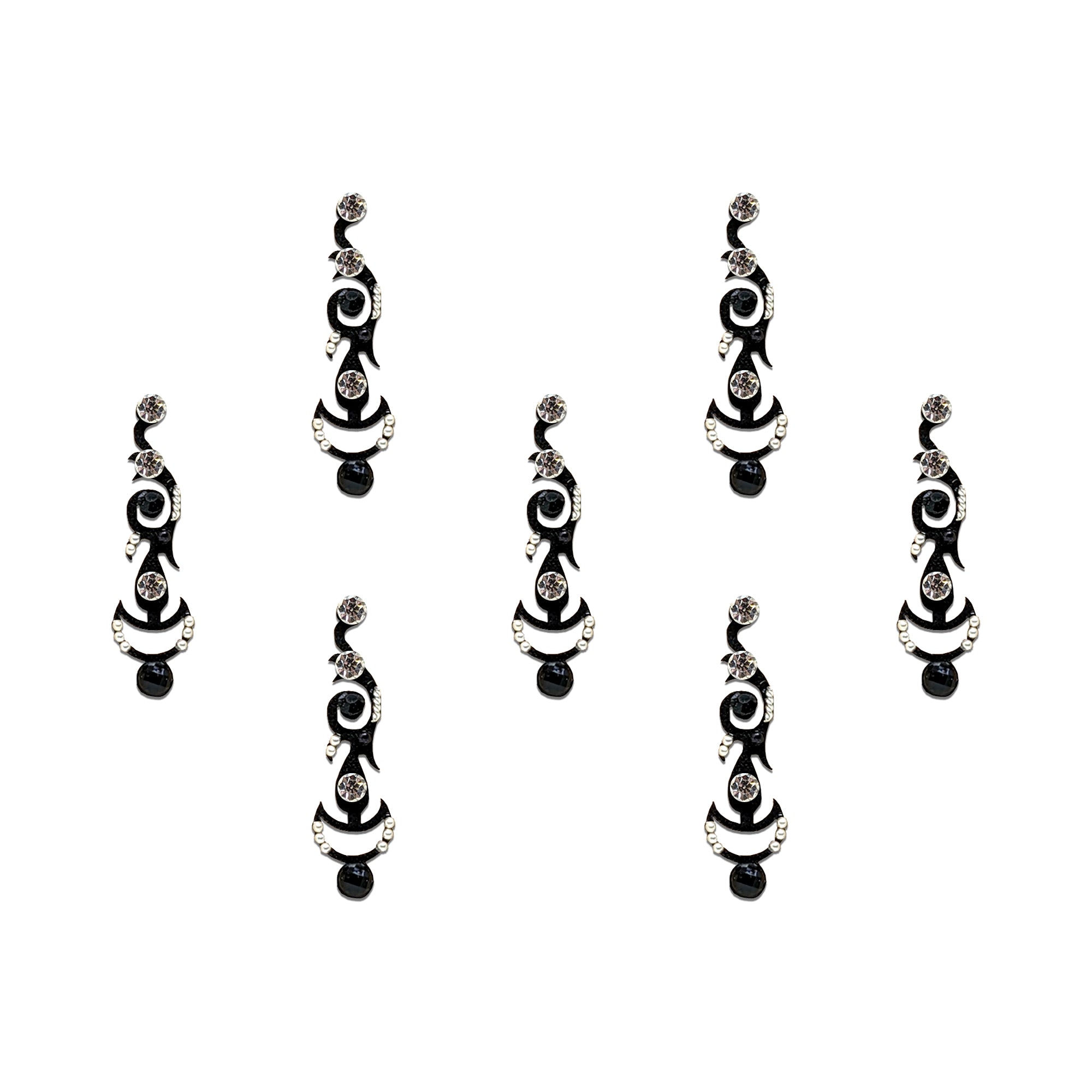 Comet Busters black crystal swirl designer bindis with sparkling stones and elegant abstract pattern