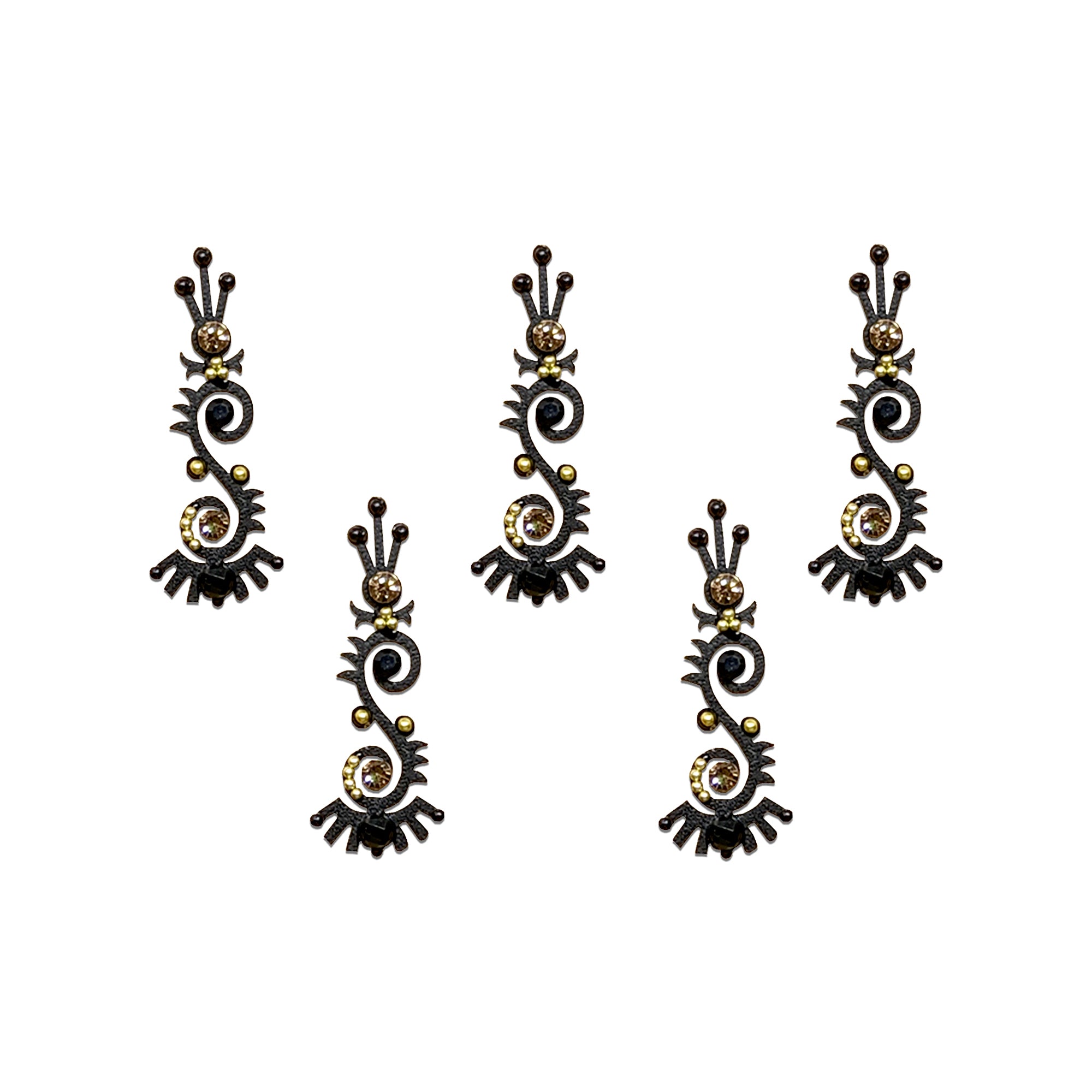 Comet Busters black crystal swirl designer bindis with sparkling stones and elegant abstract pattern